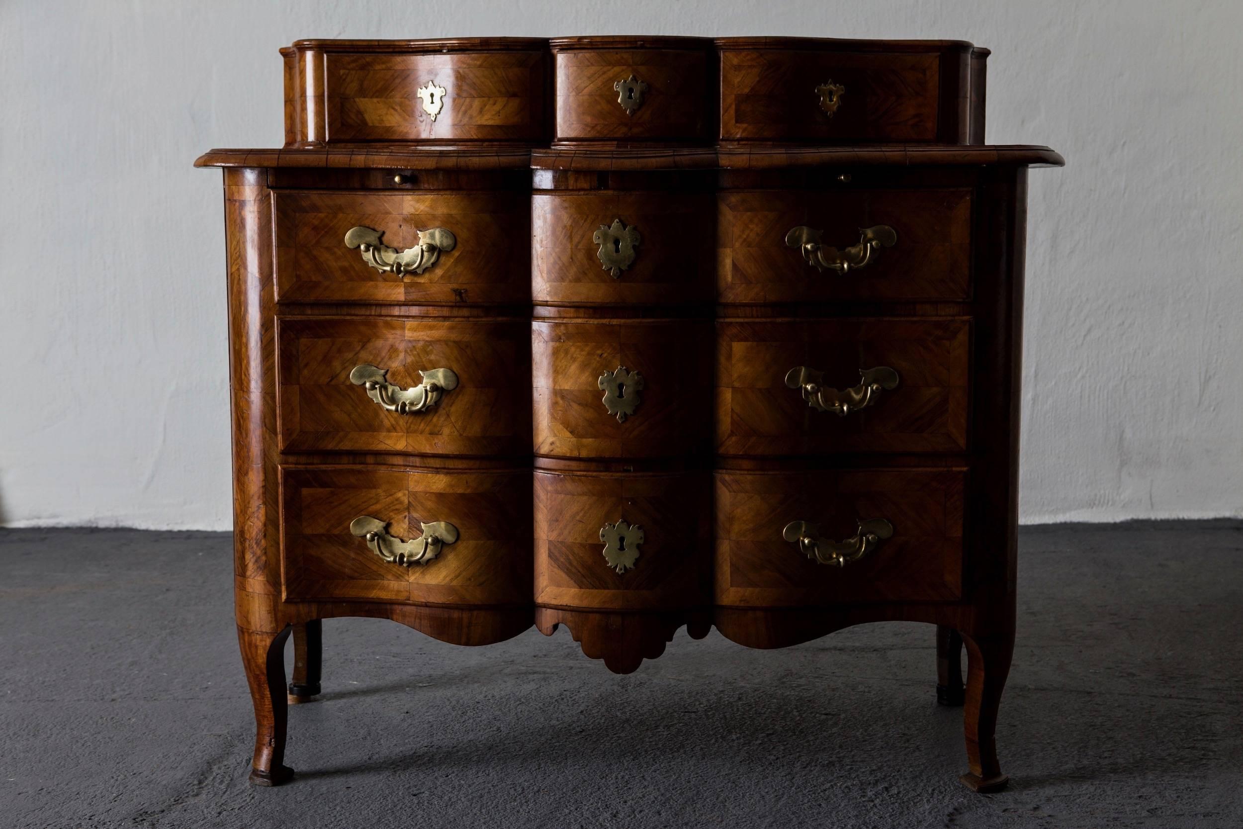 Inlay Chest of Drawers Swedish Late Baroque Period with Brass Hardware Sweden For Sale