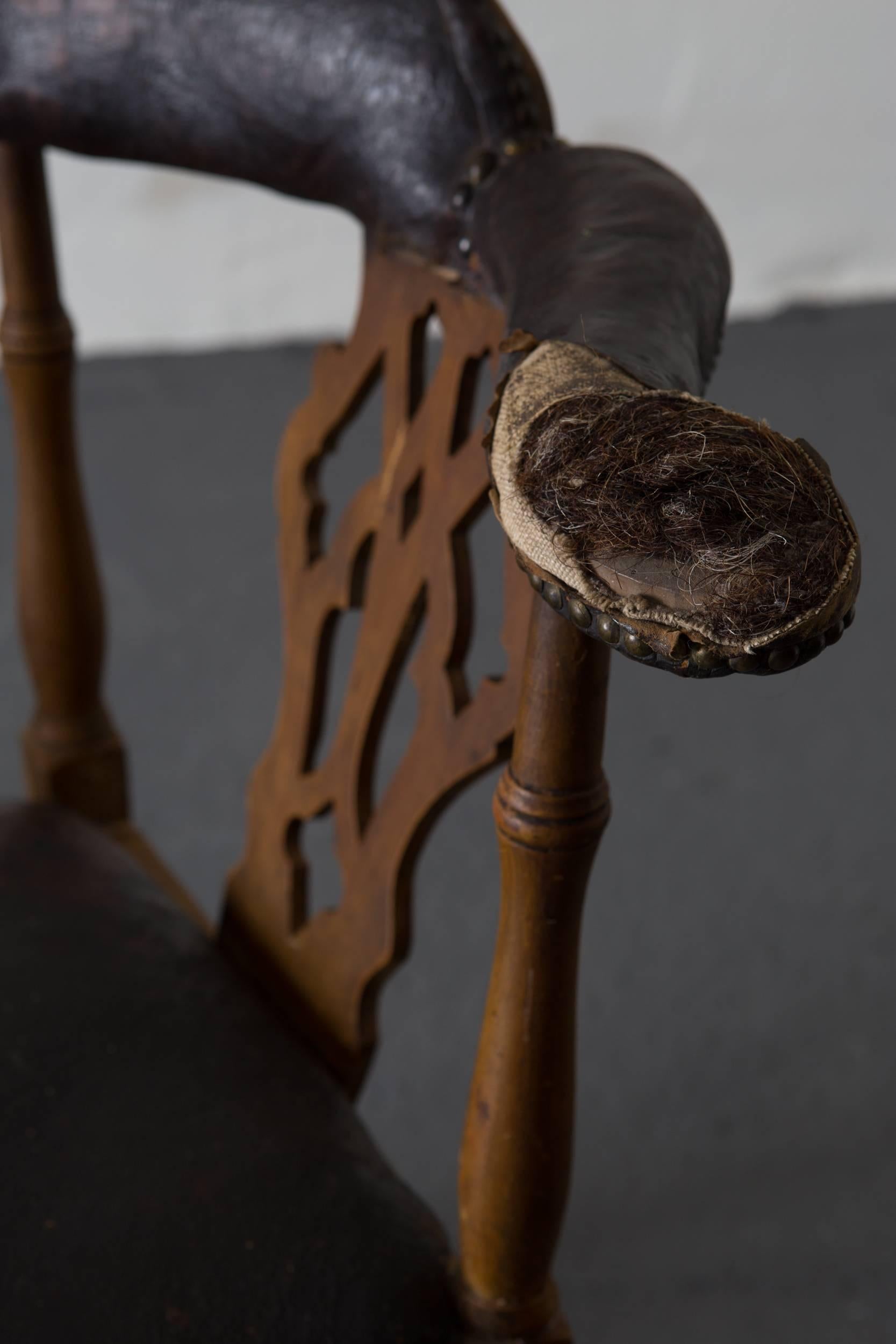 Late 18th Century Chair Corner Swedish Leather Rustic Sweden For Sale