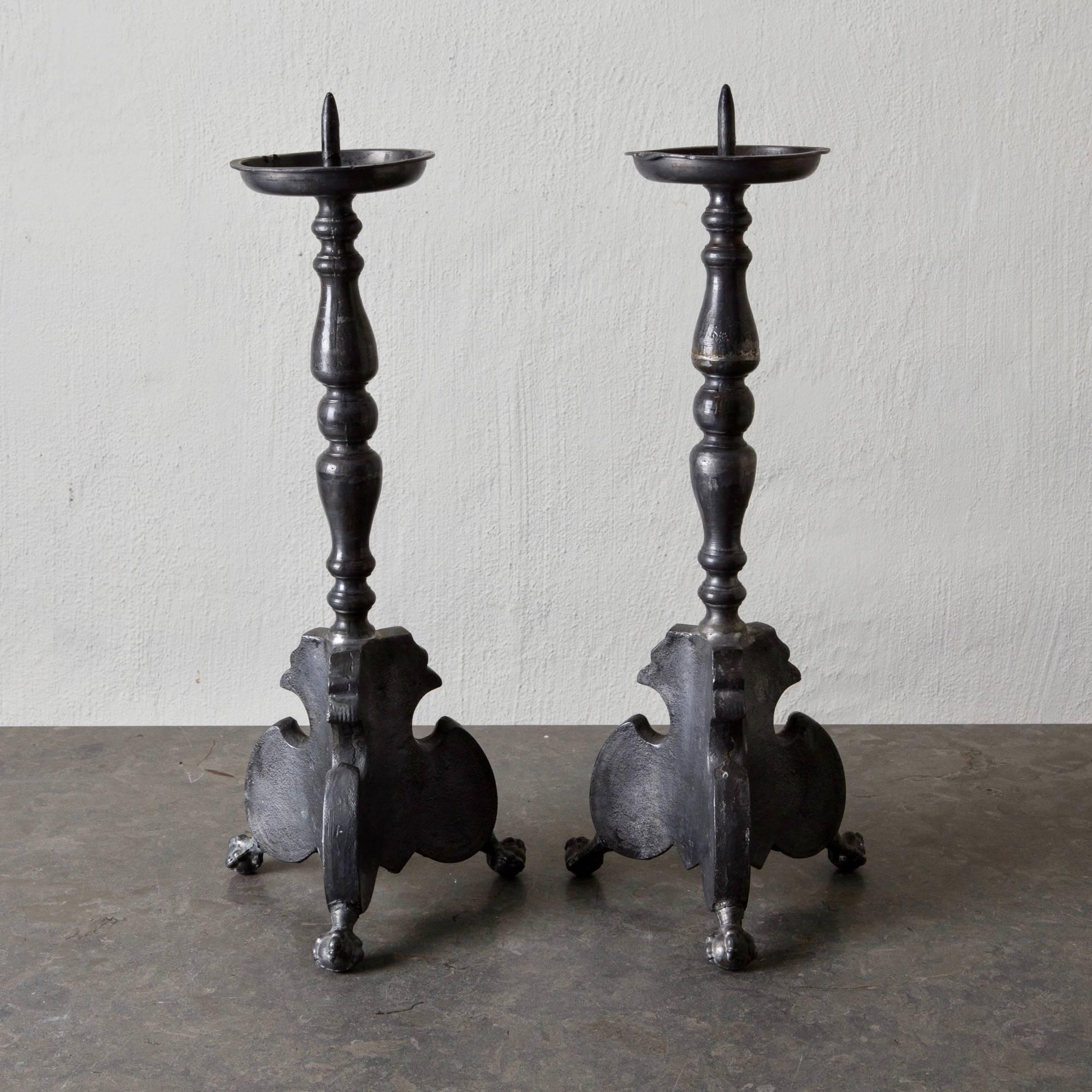 Candlesticks Spanish tall pewter gray Baroque, Spain. A pair of candlesticks made during the Baroque period in Spain or Southern Europe. Made from pewter in beautiful gray tone.