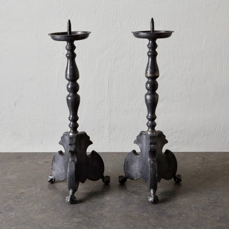 Candlesticks Spanish Tall Pewter Gray Baroque, Spain For Sale at 1stDibs
