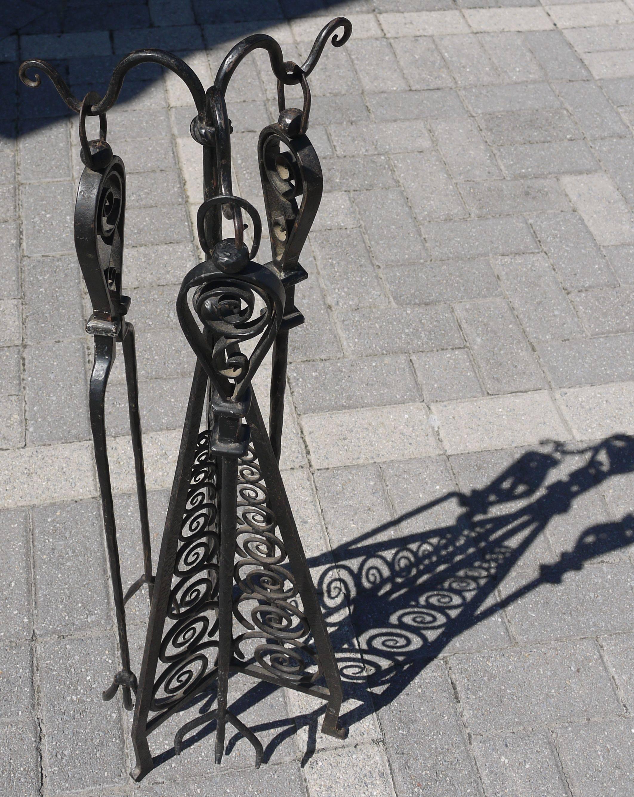 French Wrought Iron Fireplace Toolset Attributed to Paul Kiss For Sale