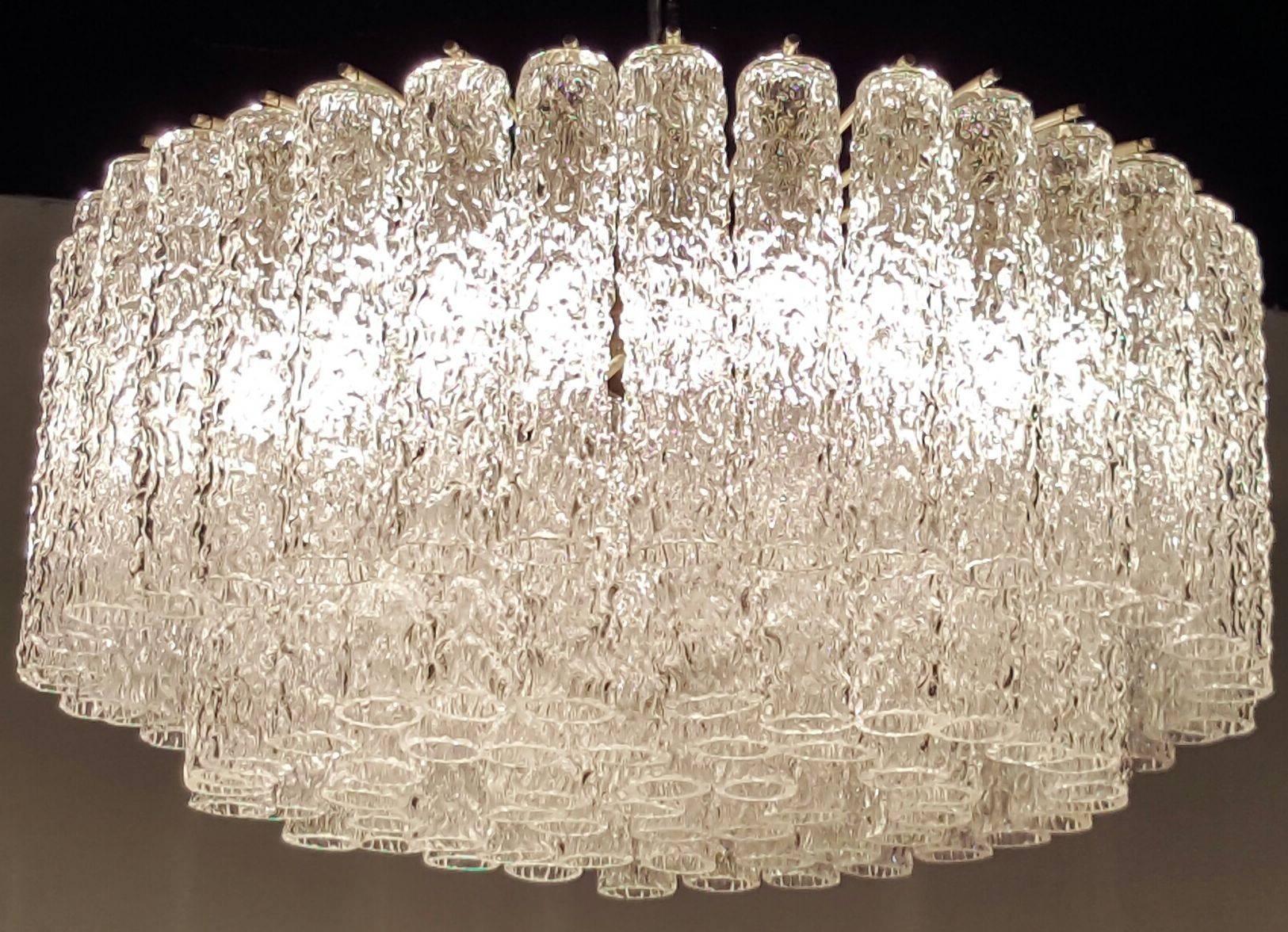 Great size and shape chandelier by Venini, circa 1950. Not a single chip on this gorgeous chandelier and the bottom of all the crystals are polished. Missing original canopy but could be used as nearly a flush mount due to size and scale.