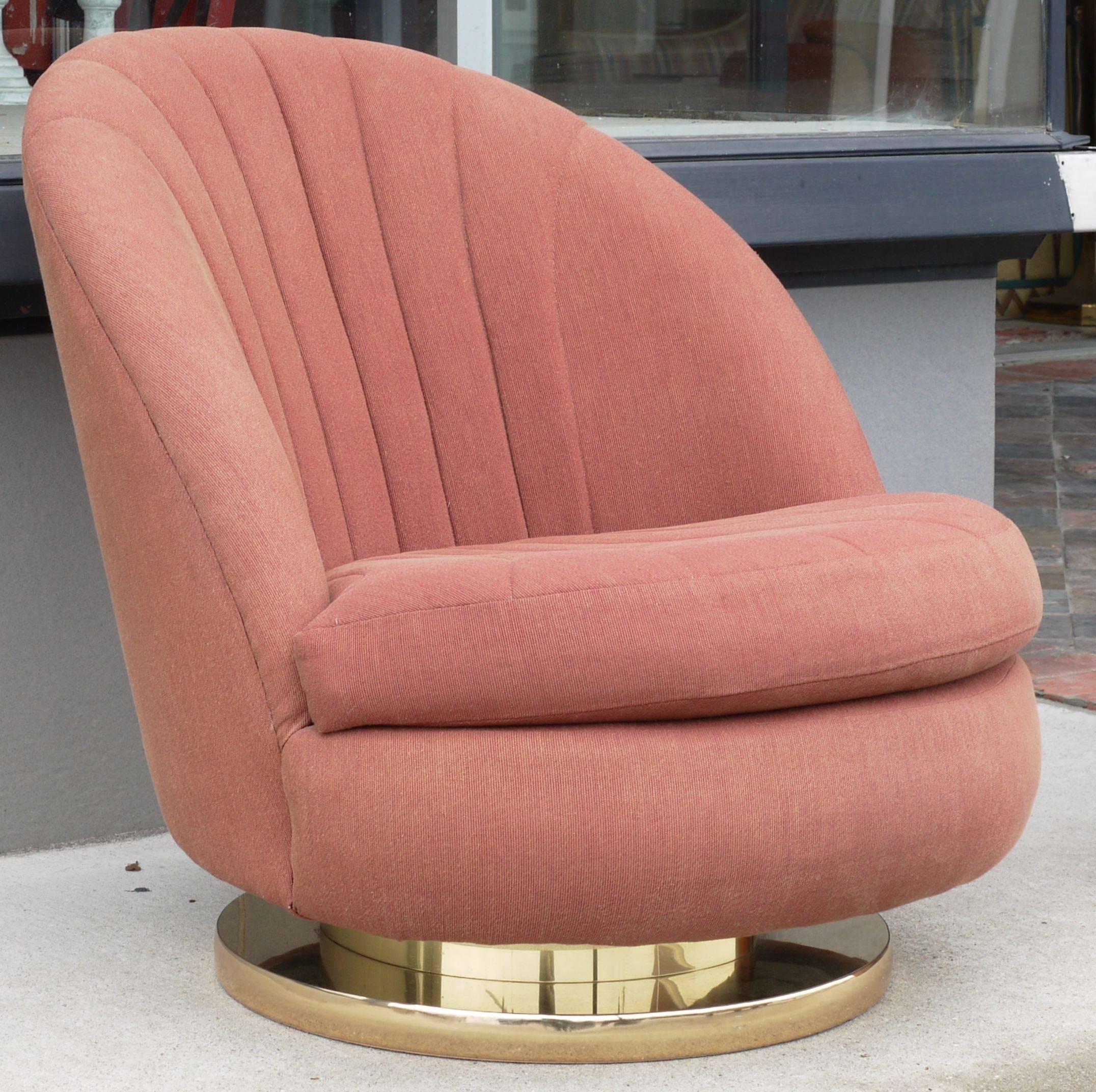 Chic Milo Baughman for Thayer Coggin brass based tilt and swivel chairs. Upholstery is original and is in good shape with minor fading, foam is still soft. Brass base is in excellent condition.