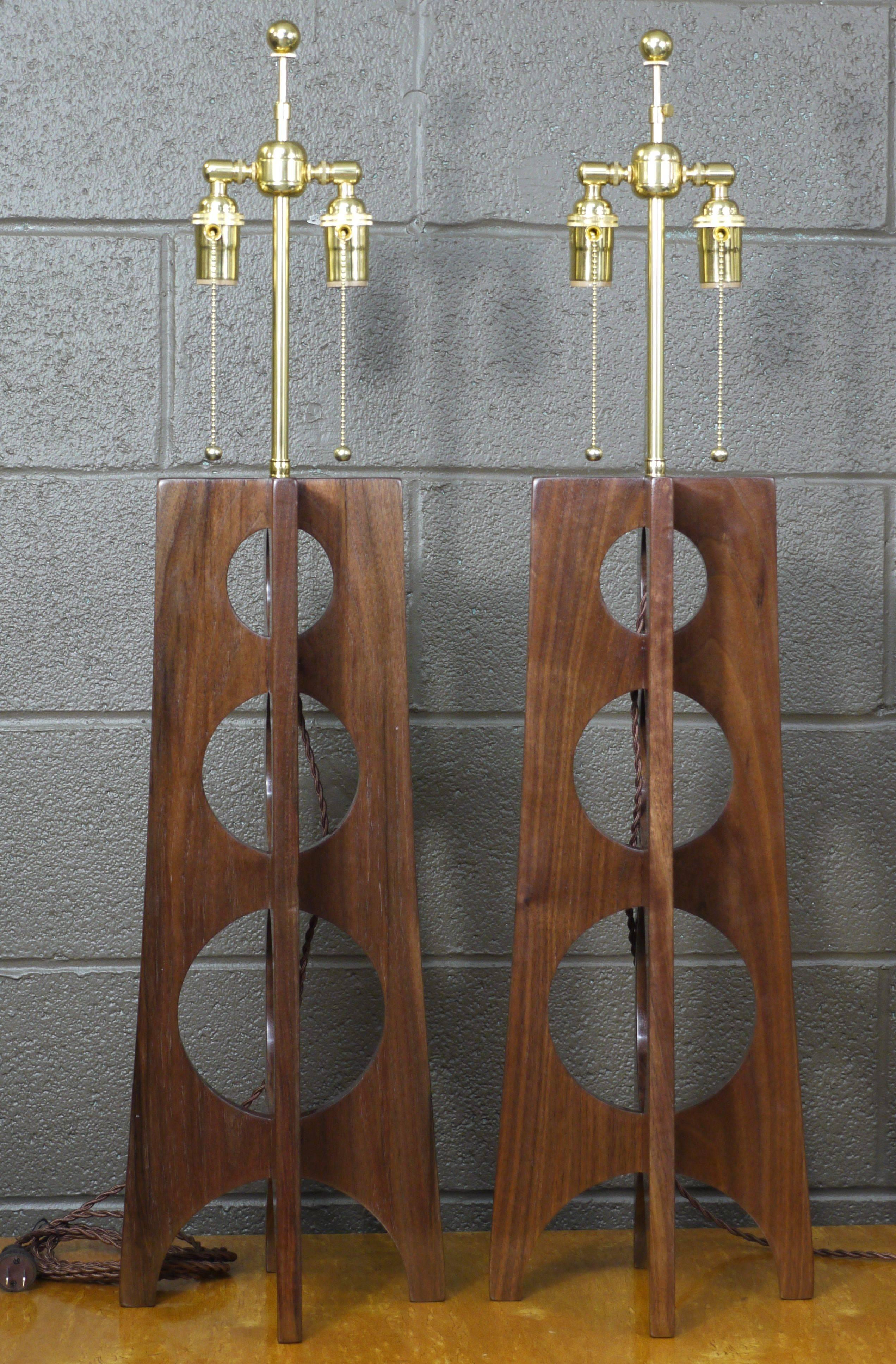 American Pair of Studio Made Walnut Lamps with Circle Details For Sale