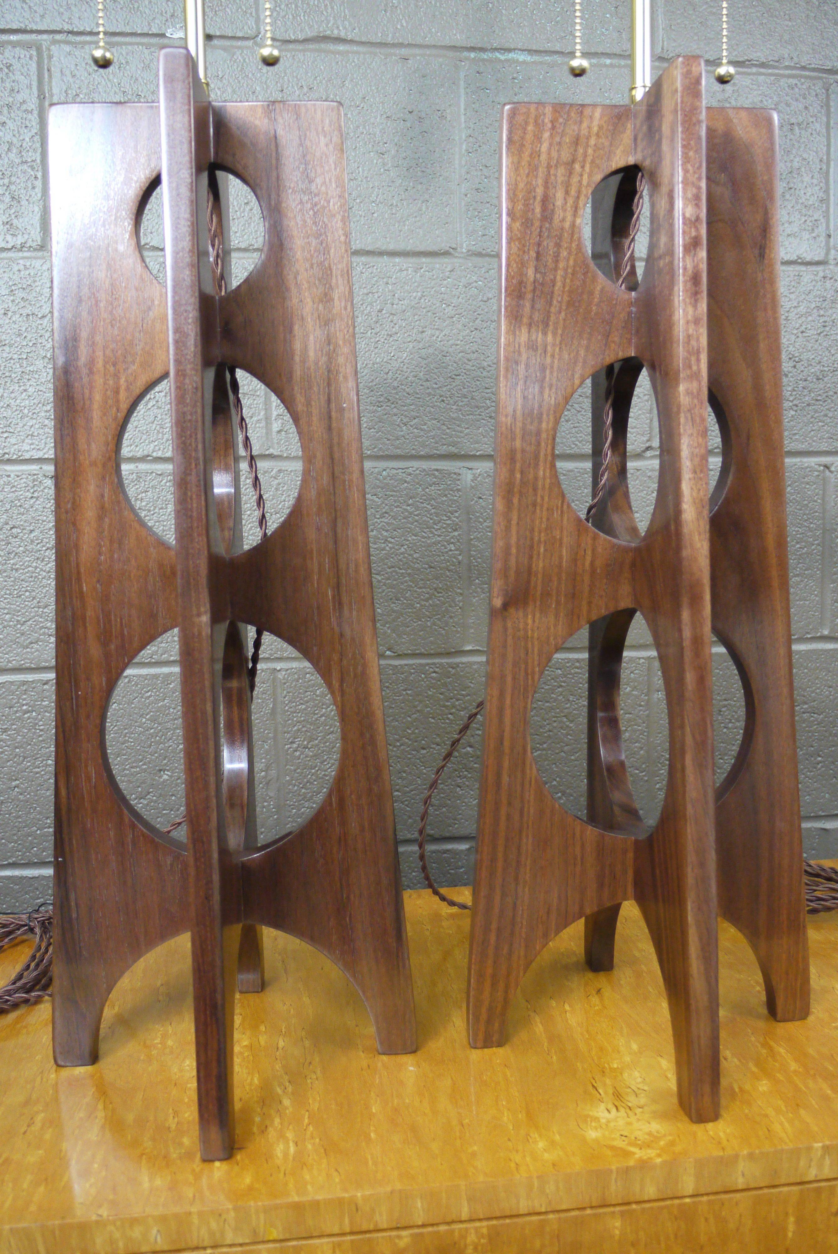 Pair of Studio Made Walnut Lamps with Circle Details For Sale 1