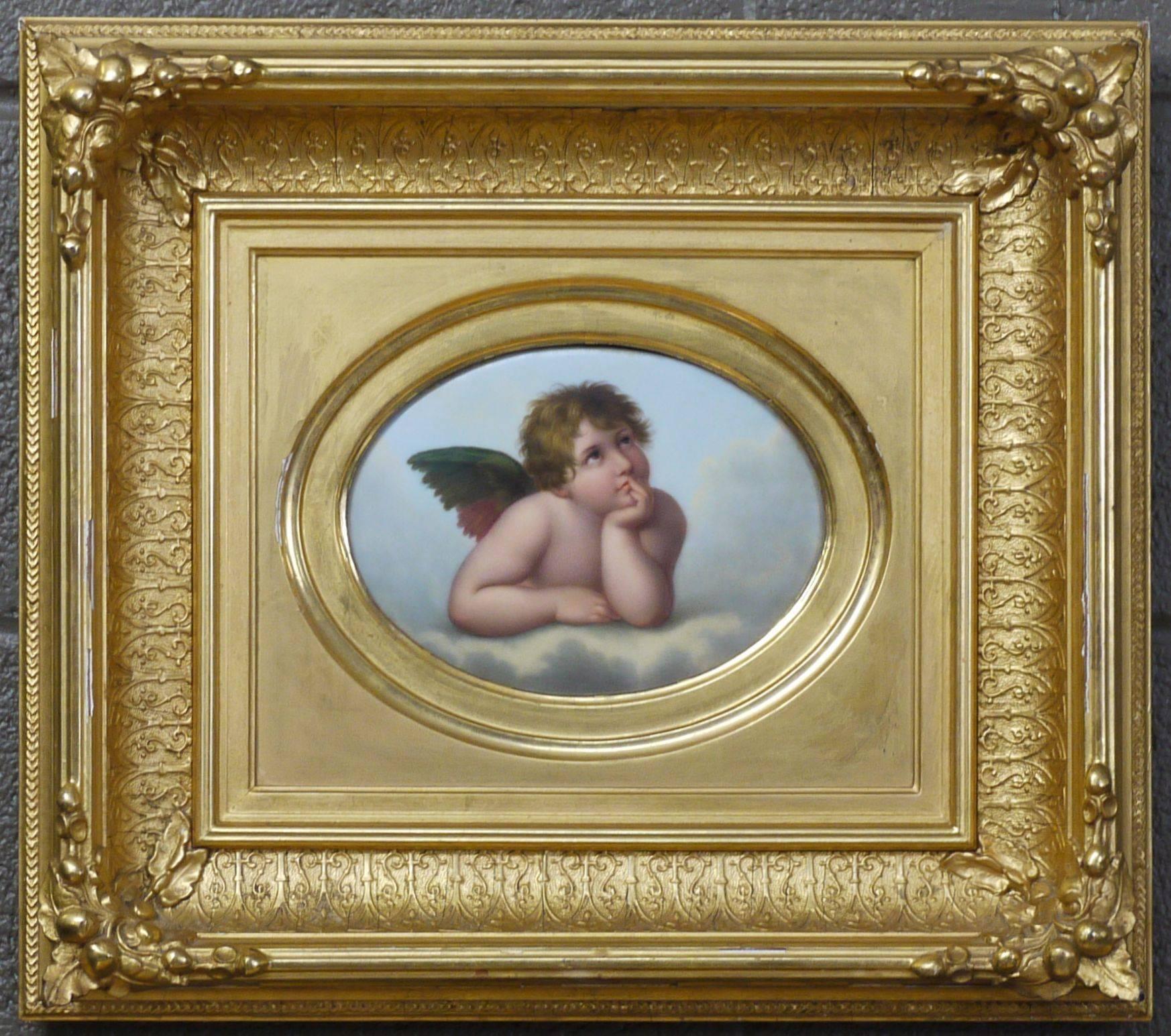 Absolutely stunning pair of enamel on porcelain plaques after Raphael's Cherubs in the Sistine Madonna. The detail work and subtleness of fades of color on these plaques is amazing. Plaques have original stickers from shops that were in New York