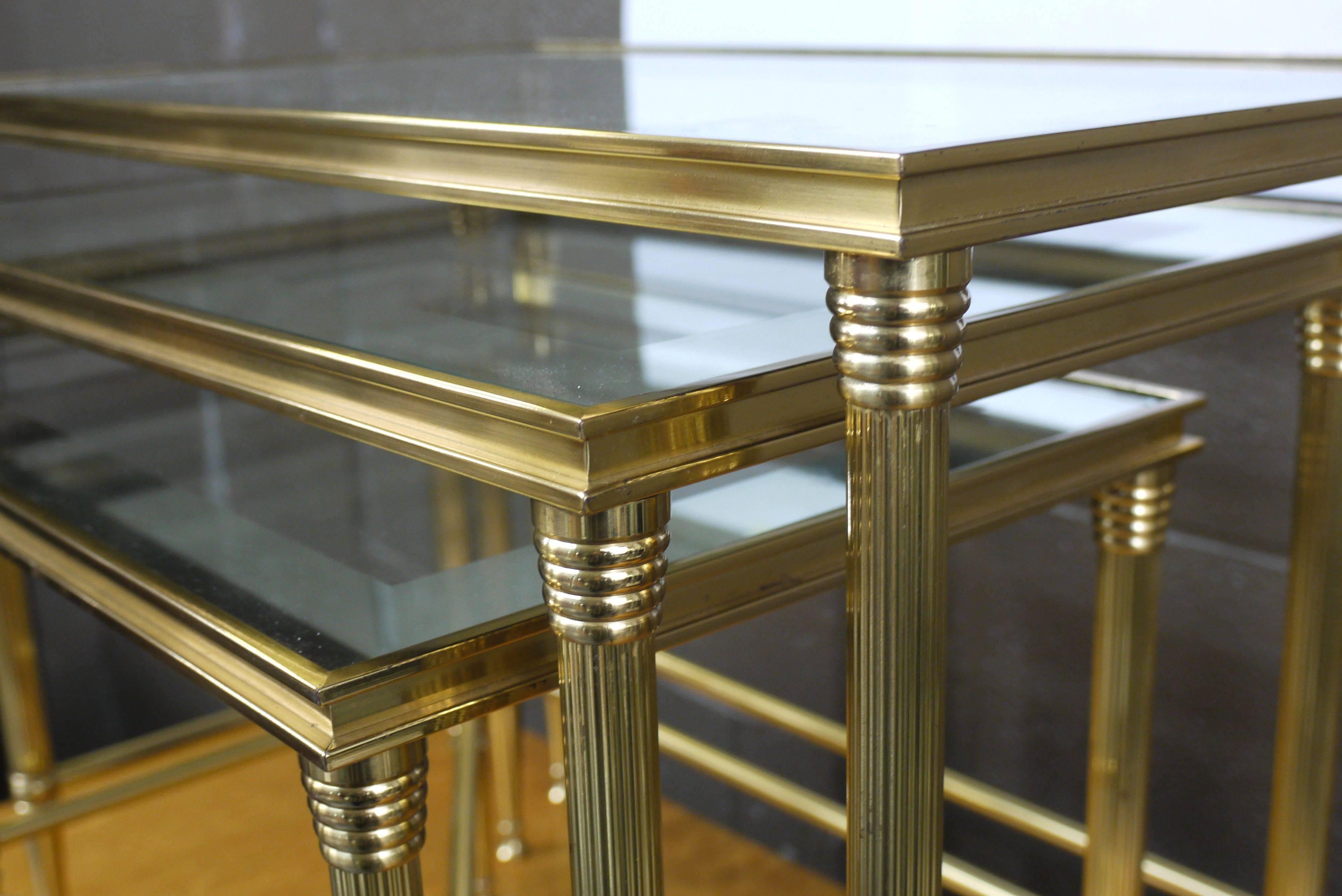 Glass Set of Italian Polished Brass Nesting Tables
