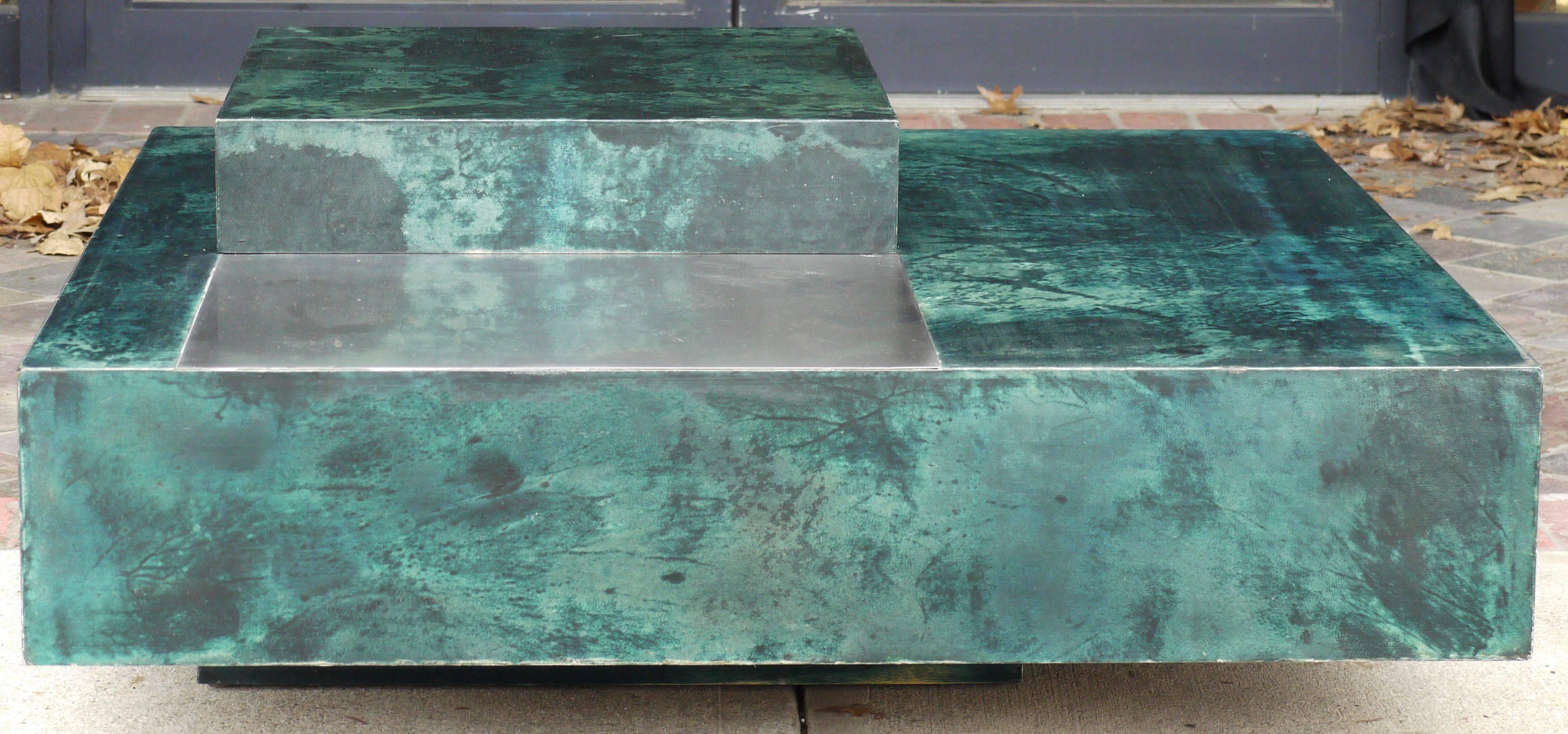 Absolutely stunning Aldo Tura square coffee table in emerald green dyed goatskin parchment with a polished lacquer finish, the table height is: 12