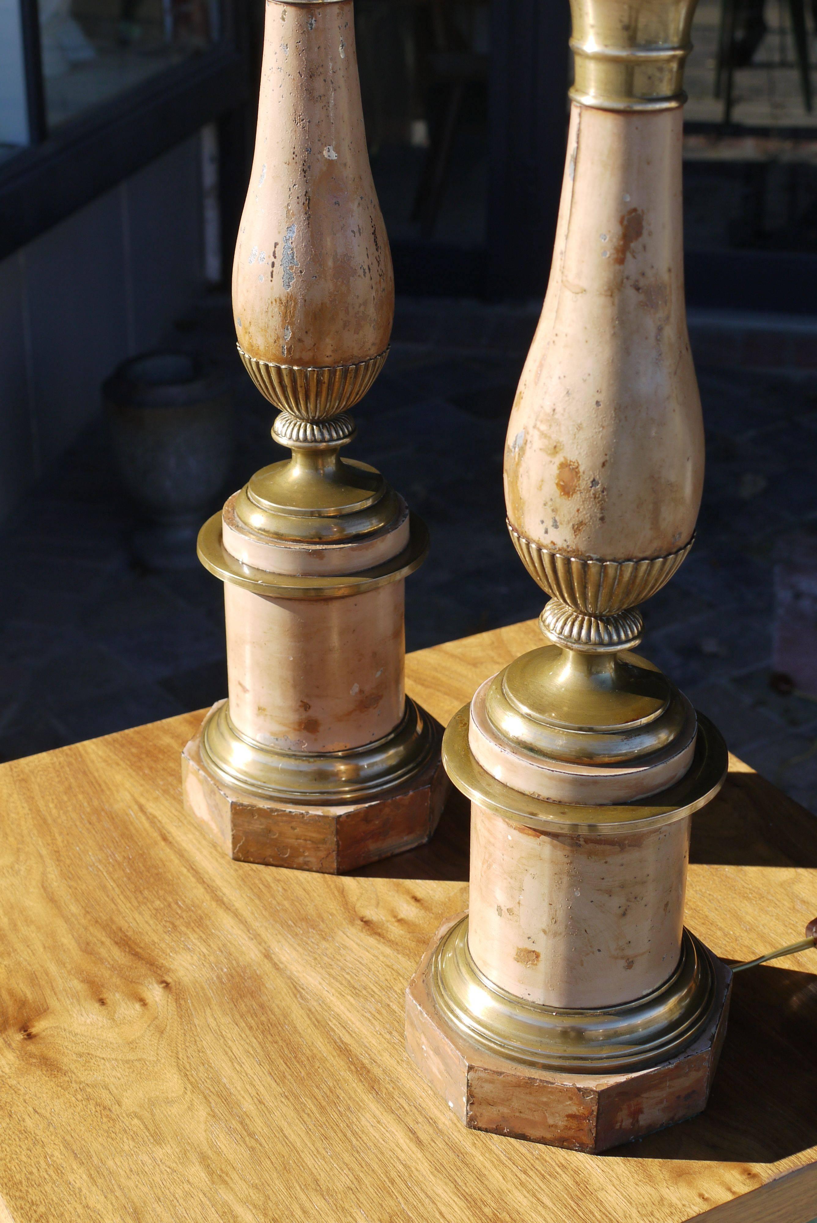 Painted Pair of Late 19th Century French Faux Travertine Tole Lamps