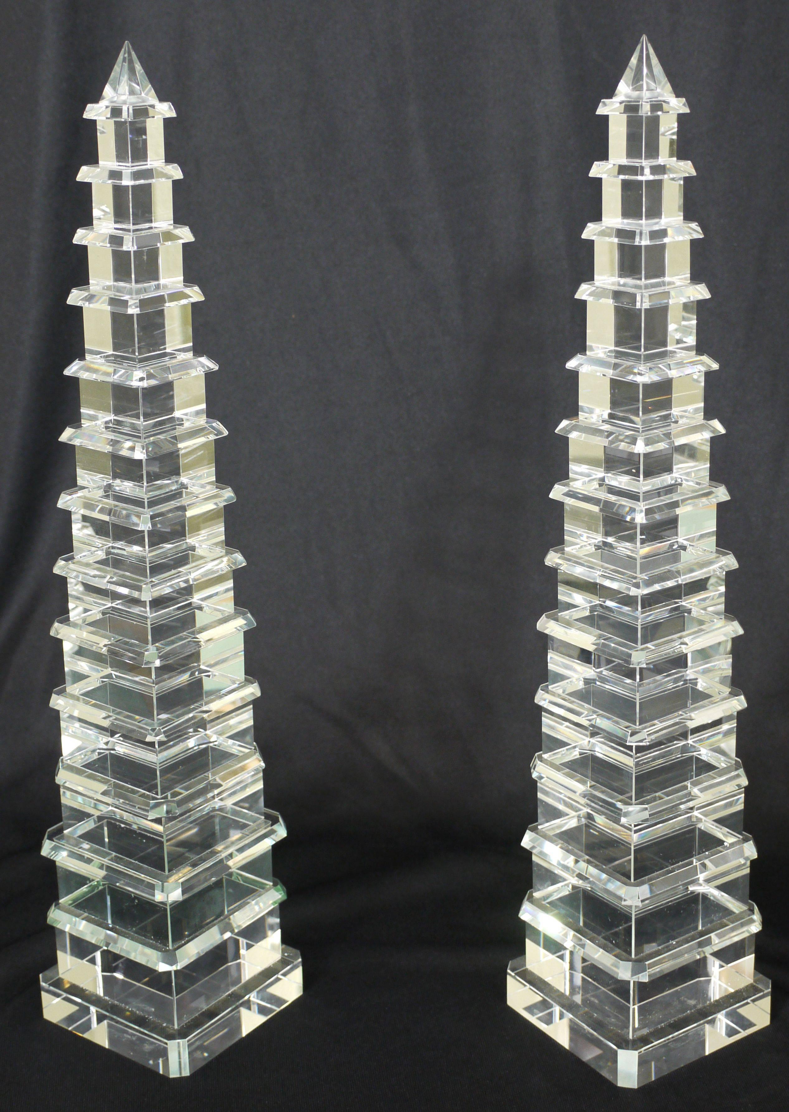 Polished Pair of Cut Crystal Pagoda Form Obelisks