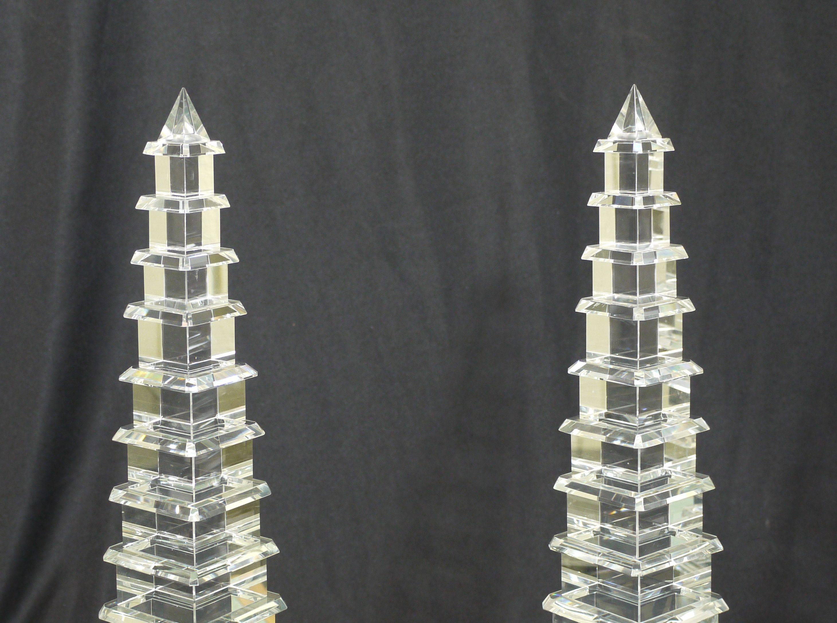 Late 20th Century Pair of Cut Crystal Pagoda Form Obelisks