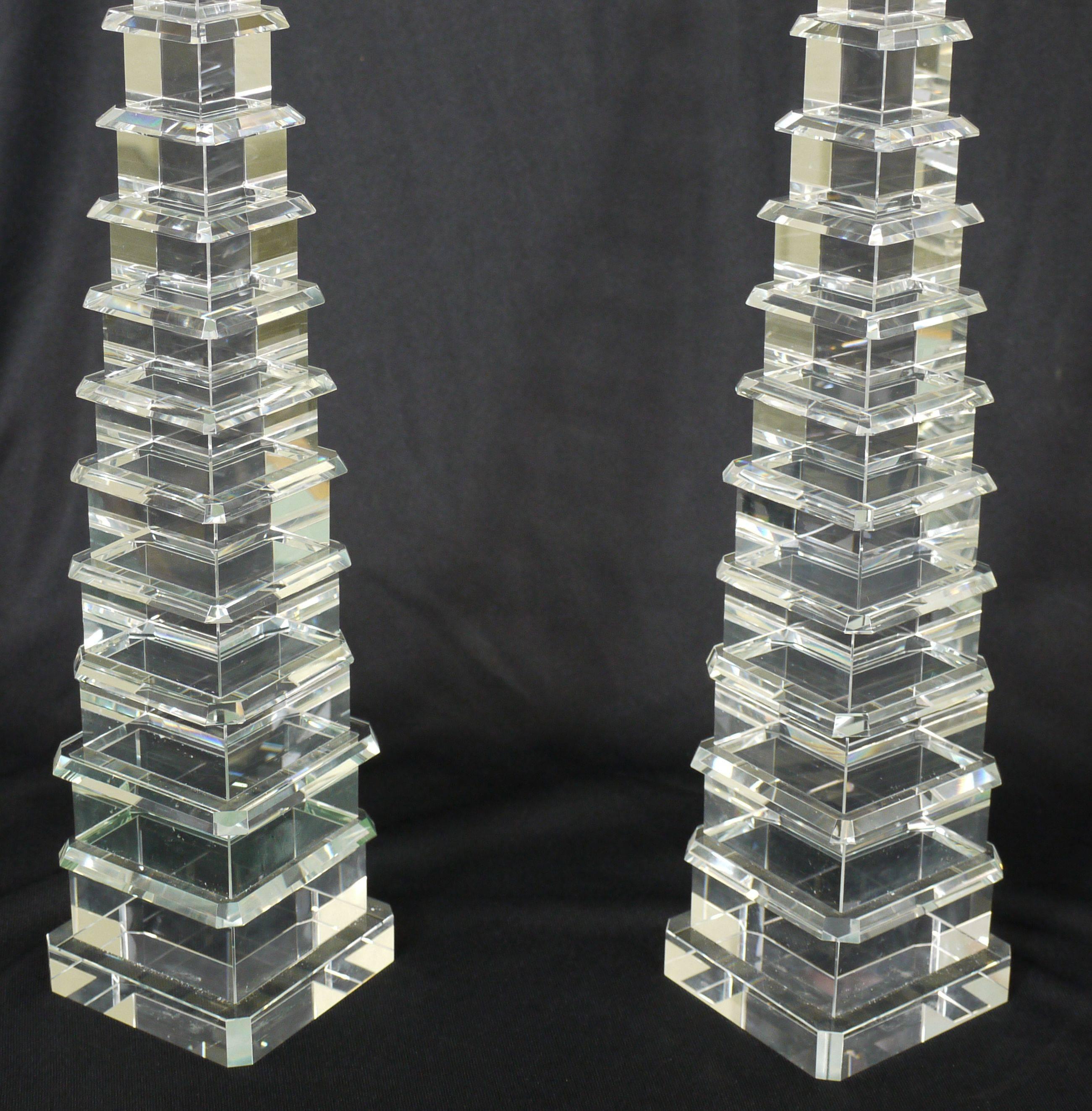 Pair of Cut Crystal Pagoda Form Obelisks 1
