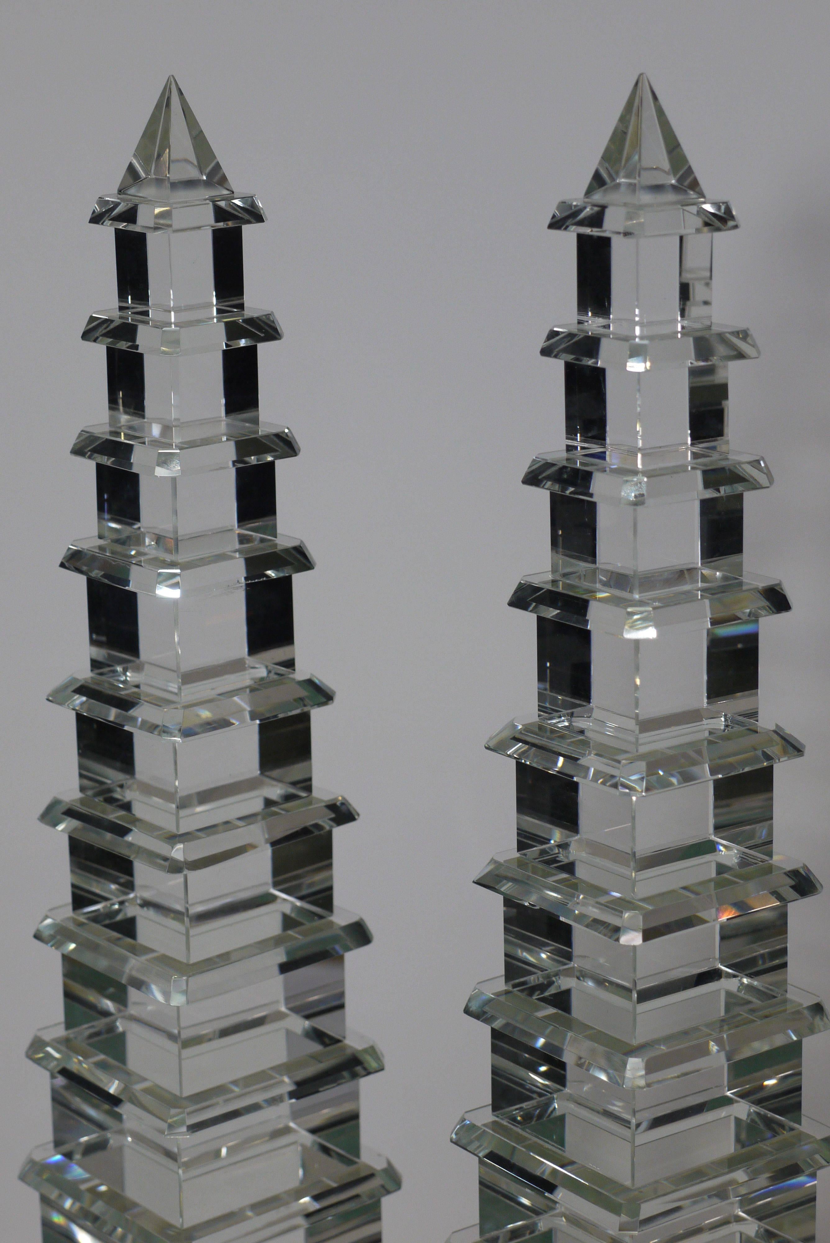 Hollywood Regency Pair of Cut Crystal Pagoda Form Obelisks