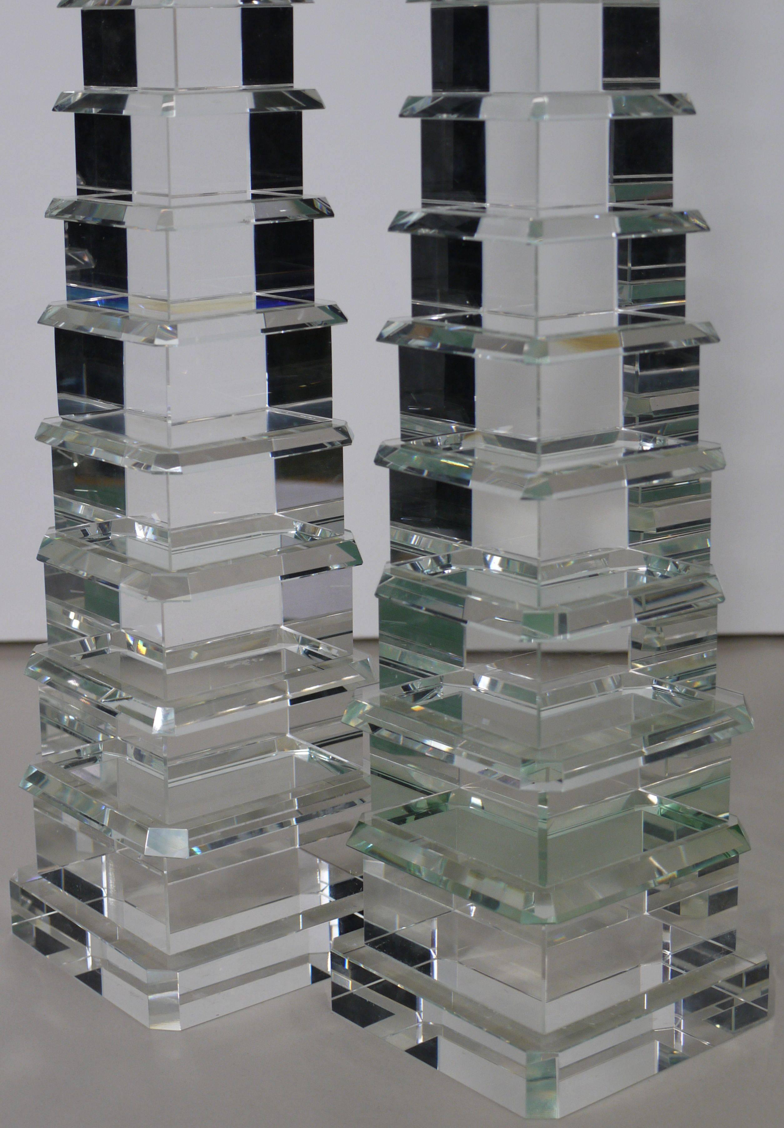 Unknown Pair of Cut Crystal Pagoda Form Obelisks