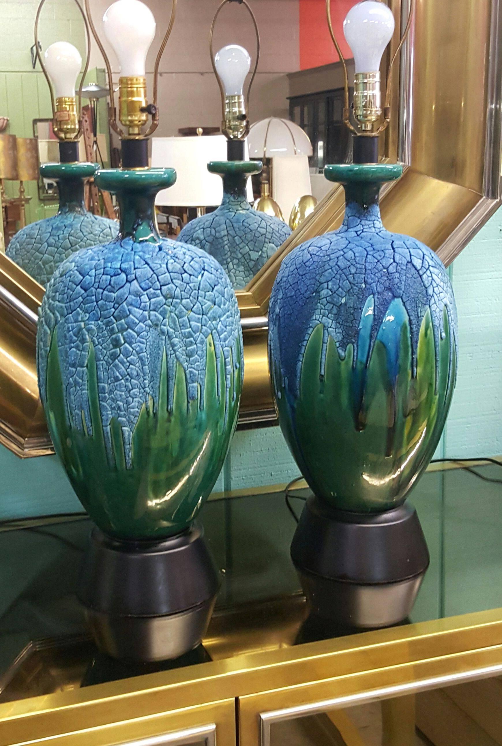 Pair of Lapis Blue and Emerald Green Crackled Lava Glaze Lamps In Excellent Condition In Kilmarnock, VA
