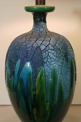 Pair of Lapis Blue and Emerald Green Crackled Lava Glaze Lamps