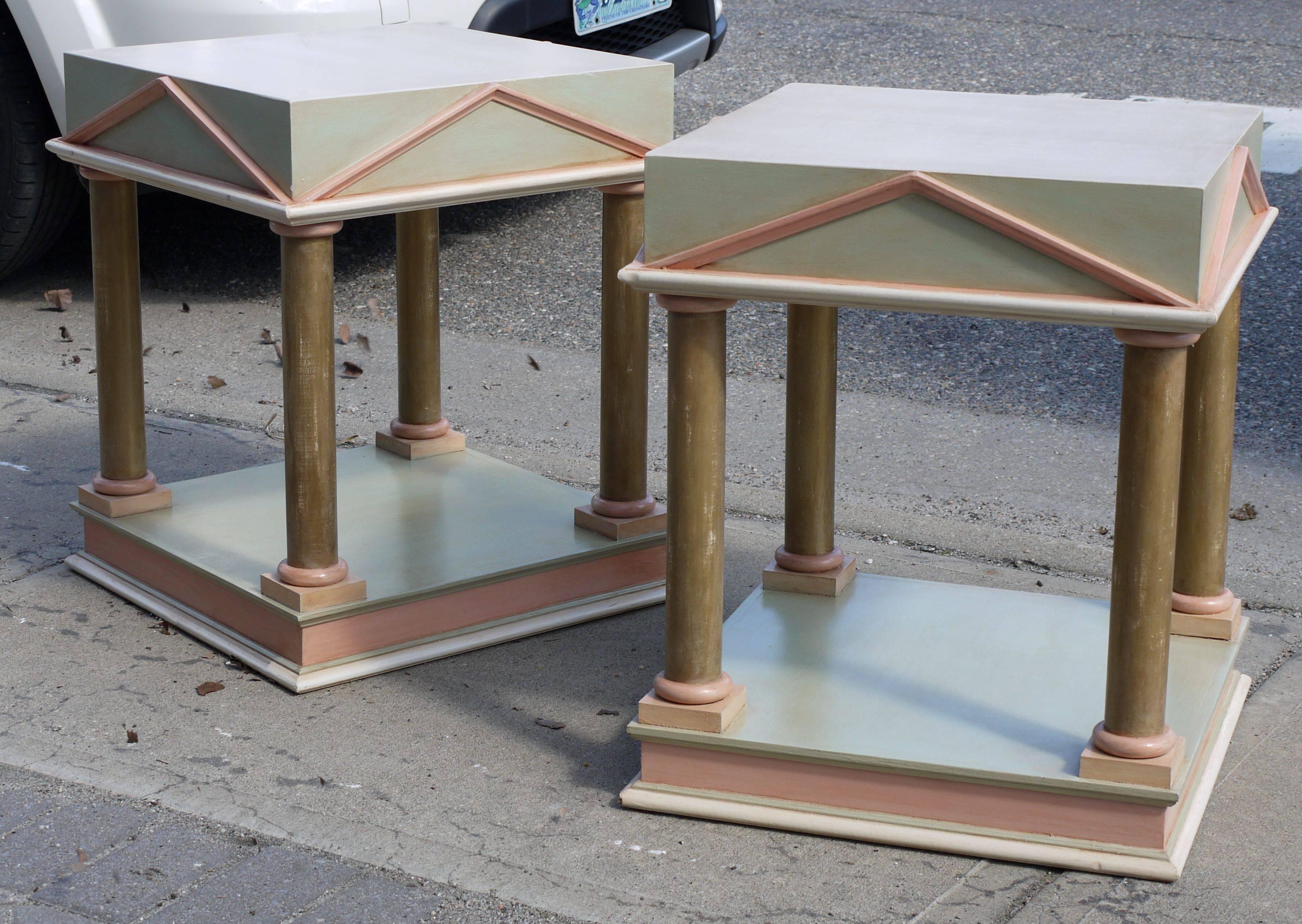 Wonderful neoclassical inspired tables done in three shades of lacquer and a rubbed gold finish on the columns. These look to be a production table and could be used as end or side tables or even bedside tables in the right room. The scale is