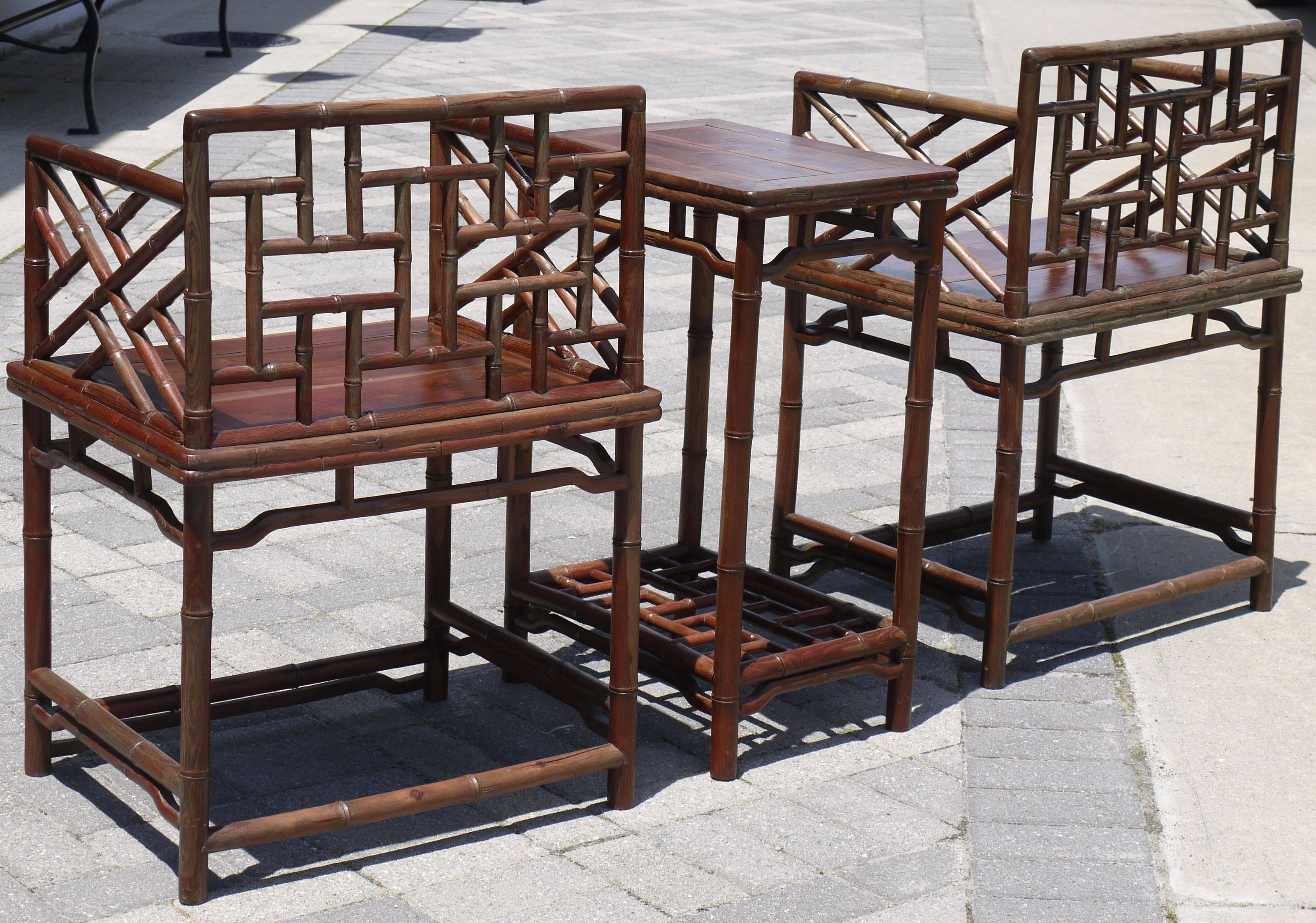Chinese Chippendale Pair of Chinese Faux Bamboo Chairs and Table Made from Rare Zhazhen Wood