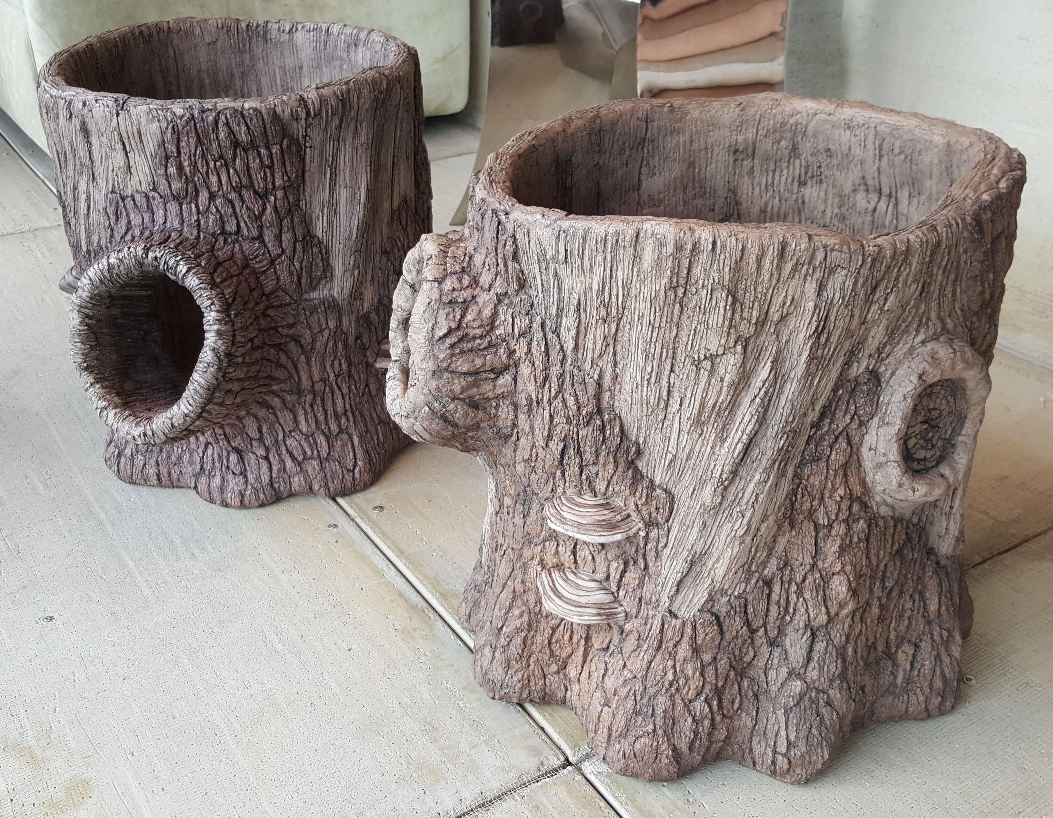 Stunning lifelike pair of Faux Bois planters, these pots are by Diane Husson and were custom-made specifically for our shop. She's worked with concrete companies to create a Frost proof planter which is made to be incredibly long lasting. Each pot