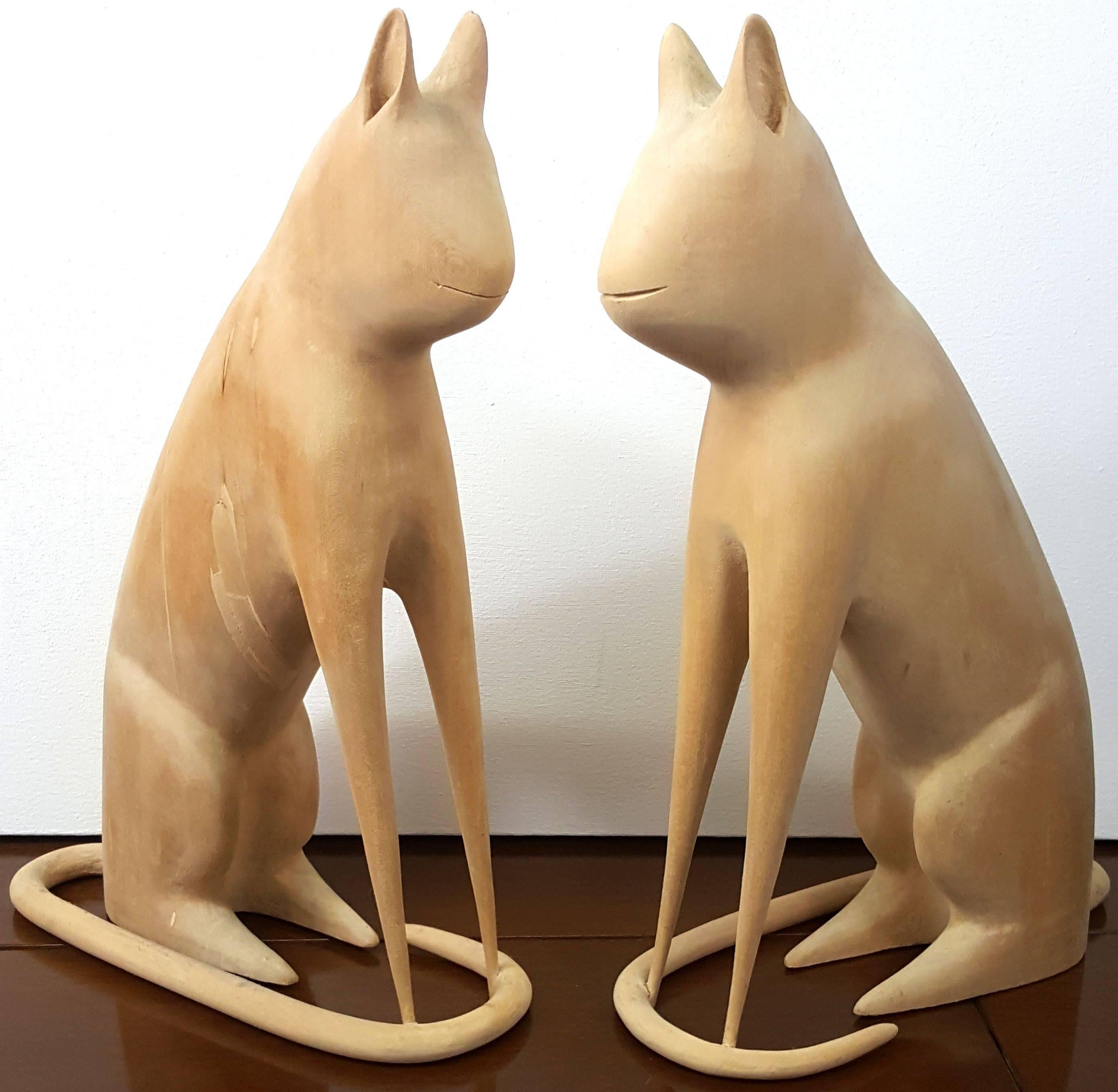 Folk Art Matched Pair of Cat Carvings by Linvel Barker, Kentucky For Sale