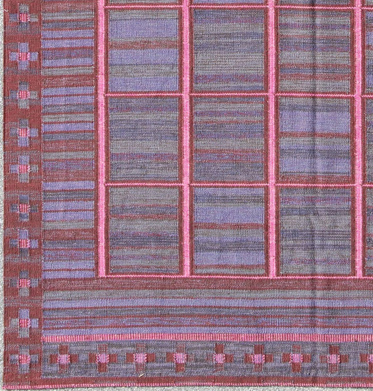 This Scandinavian Kilim/flat-weave is inspired by the work of Swedish textile designers of the early to mid-20th Century. With a unique blend of historical and modern design, this dynamic and exciting composition is beautifully suited for