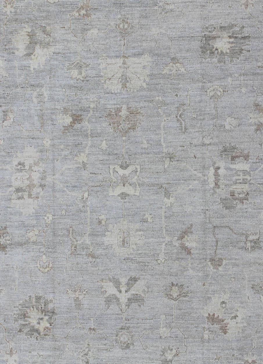 Hand-Woven Modern Turkish Oushak Rug with Floral Motifs in Gray, Taupe and Lavender