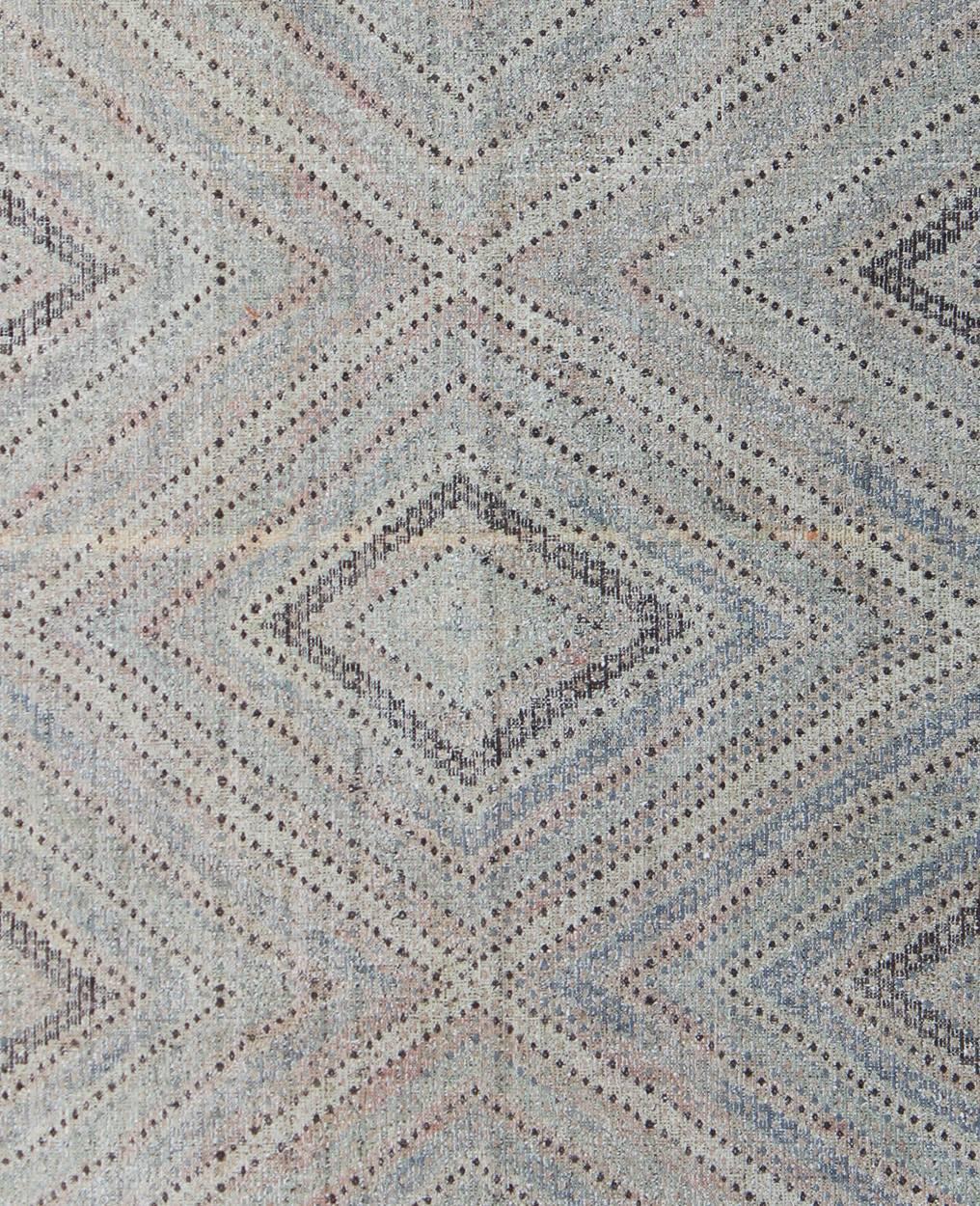 Turkish Embroidered Kilim in Light Blue, Gray, Light Teal, Brown & Pastel Colors  