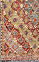 Vintage Turkish Kilim Rug with Vibrant Diamond Lattice Design in Red, Gold, Blue