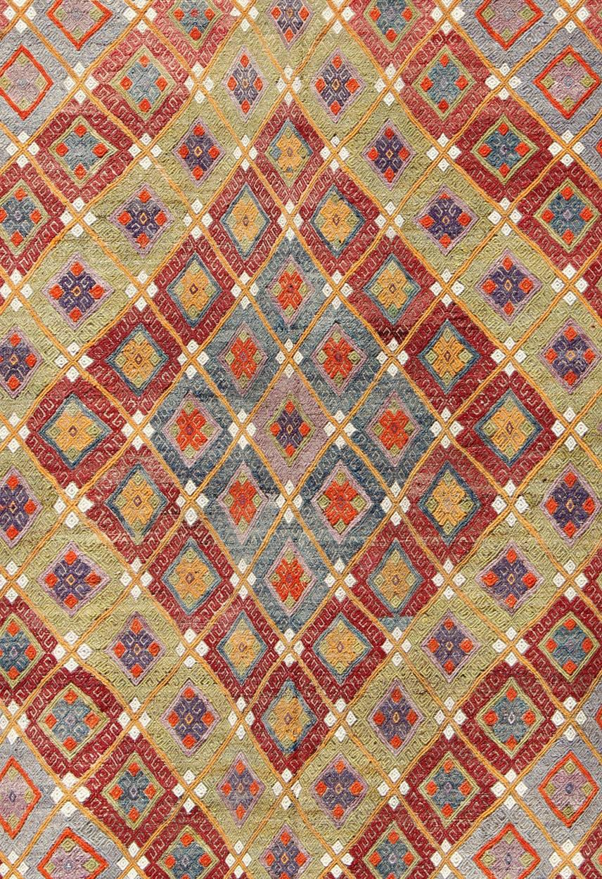 Turkish Colorful Kilim/Jijim with Diamonds in Light Green, Light Blue and Red For Sale