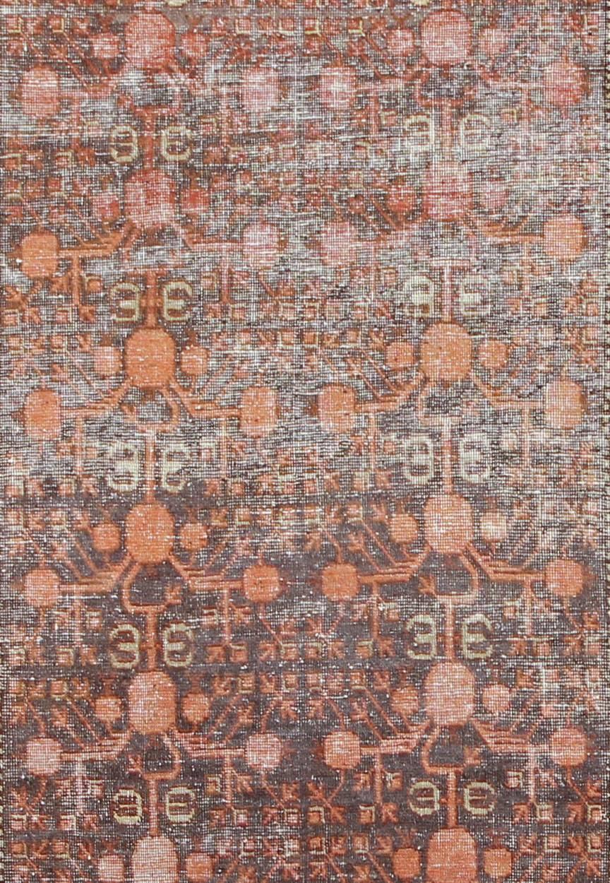 Hand-Knotted Antique Khotan Carpet in Charcoal, Burnt Red, Salmon and Taupe For Sale