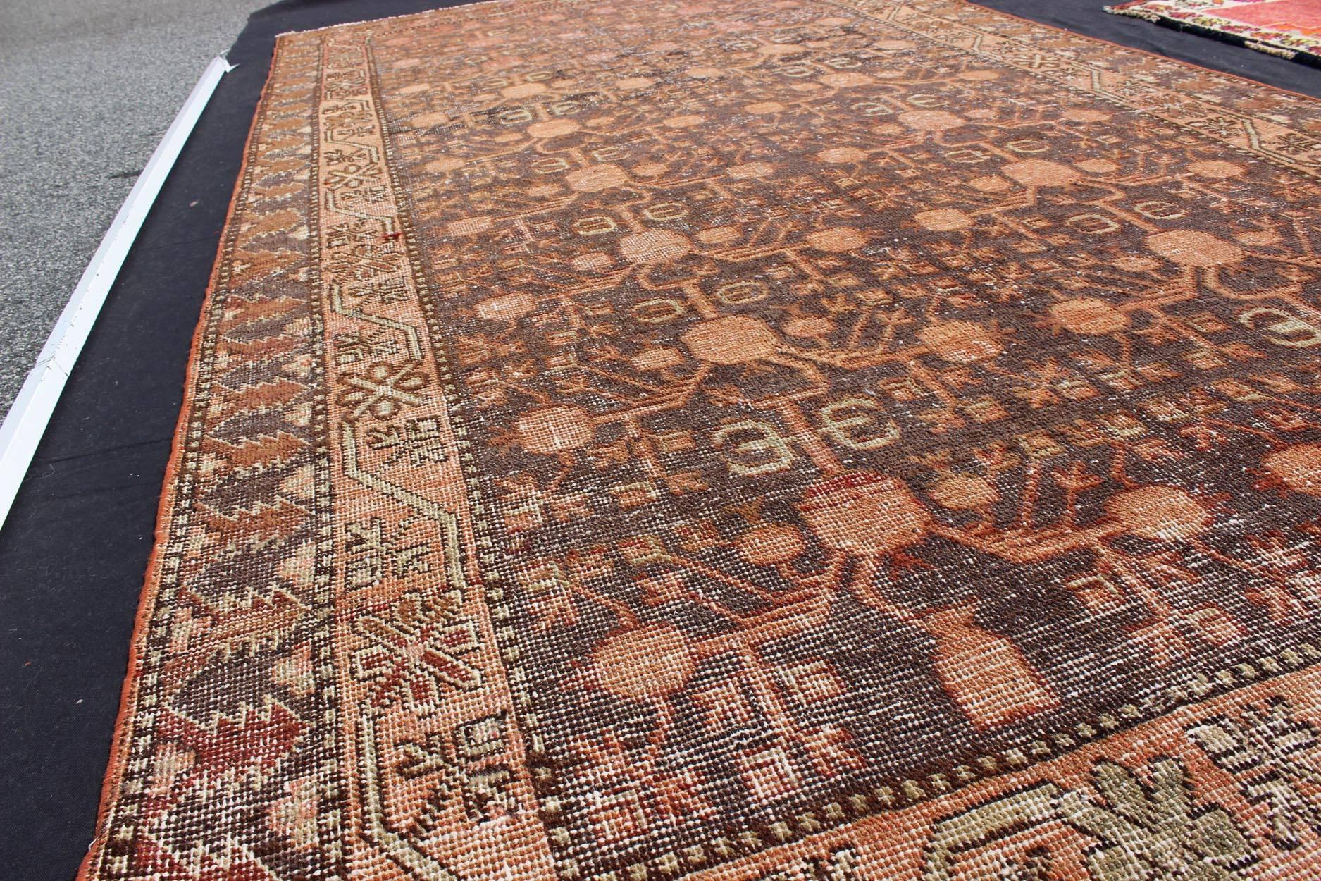 Antique Khotan Carpet in Charcoal, Burnt Red, Salmon and Taupe In Good Condition For Sale In Atlanta, GA