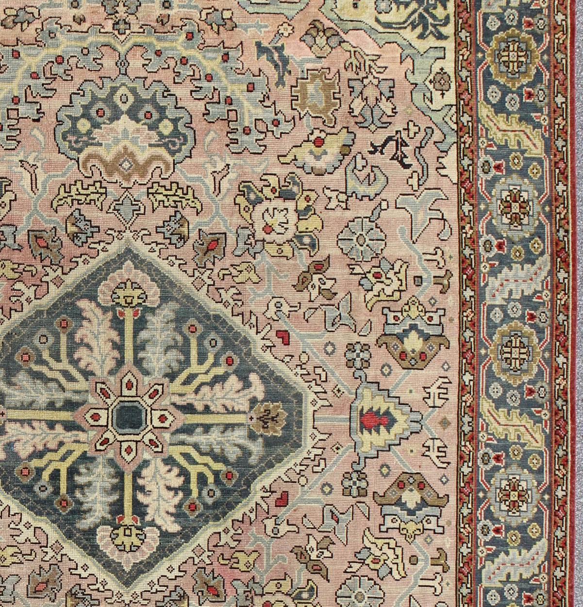 Hand-Knotted Hand Knotted Turkish Oushak Rug with Floral Design in Light Pink and Steel Blue  For Sale