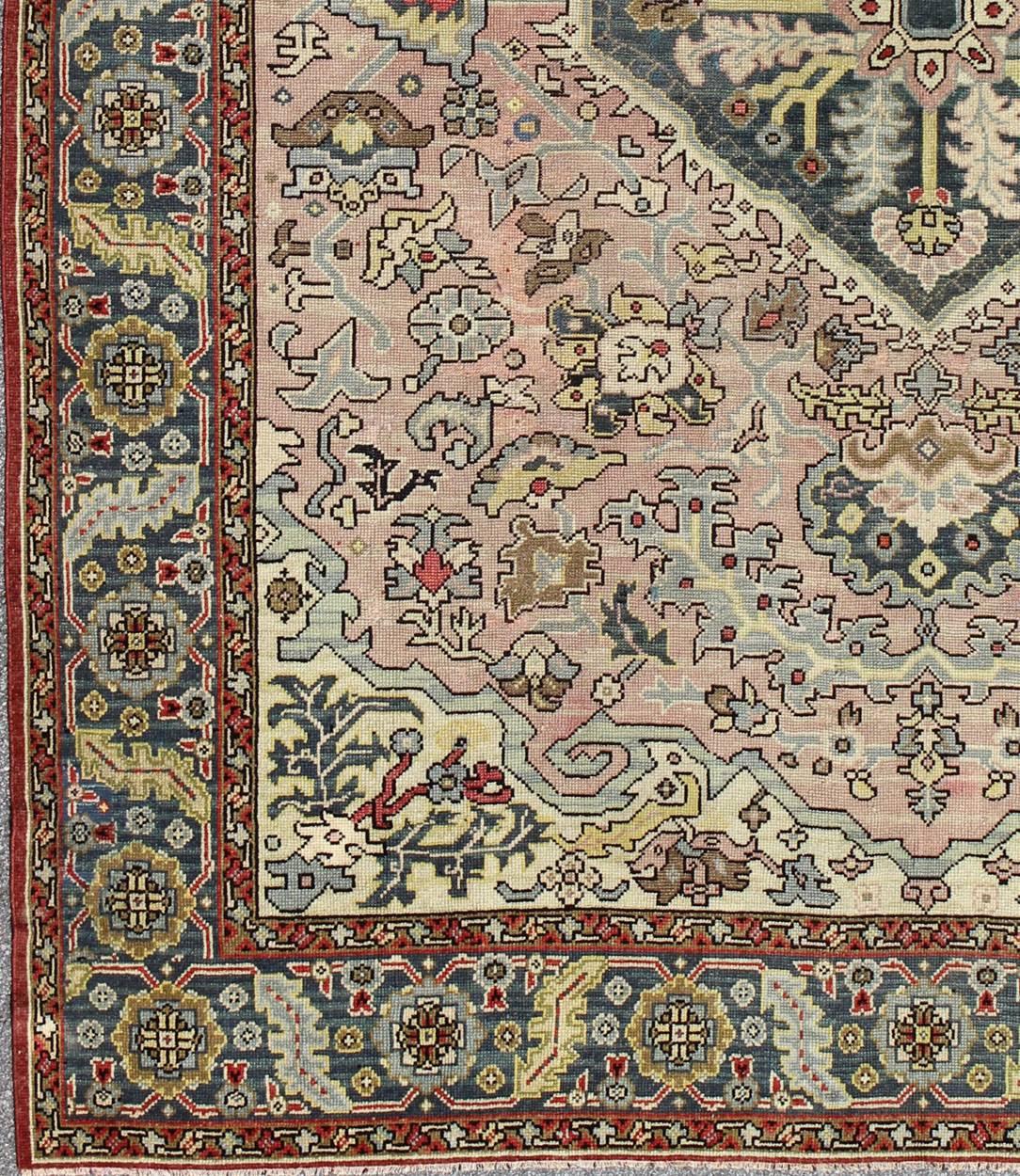 Hand Knotted Turkish Oushak Rug with Floral Design in Light Pink and Steel Blue. Hand Knotted Turkish Oushak Rug with Floral Design in Light Pink and Steel Blue. Keivan Woven Arts /  rug / TU-MTU-3612, mid-20th century Large vintage oushak.