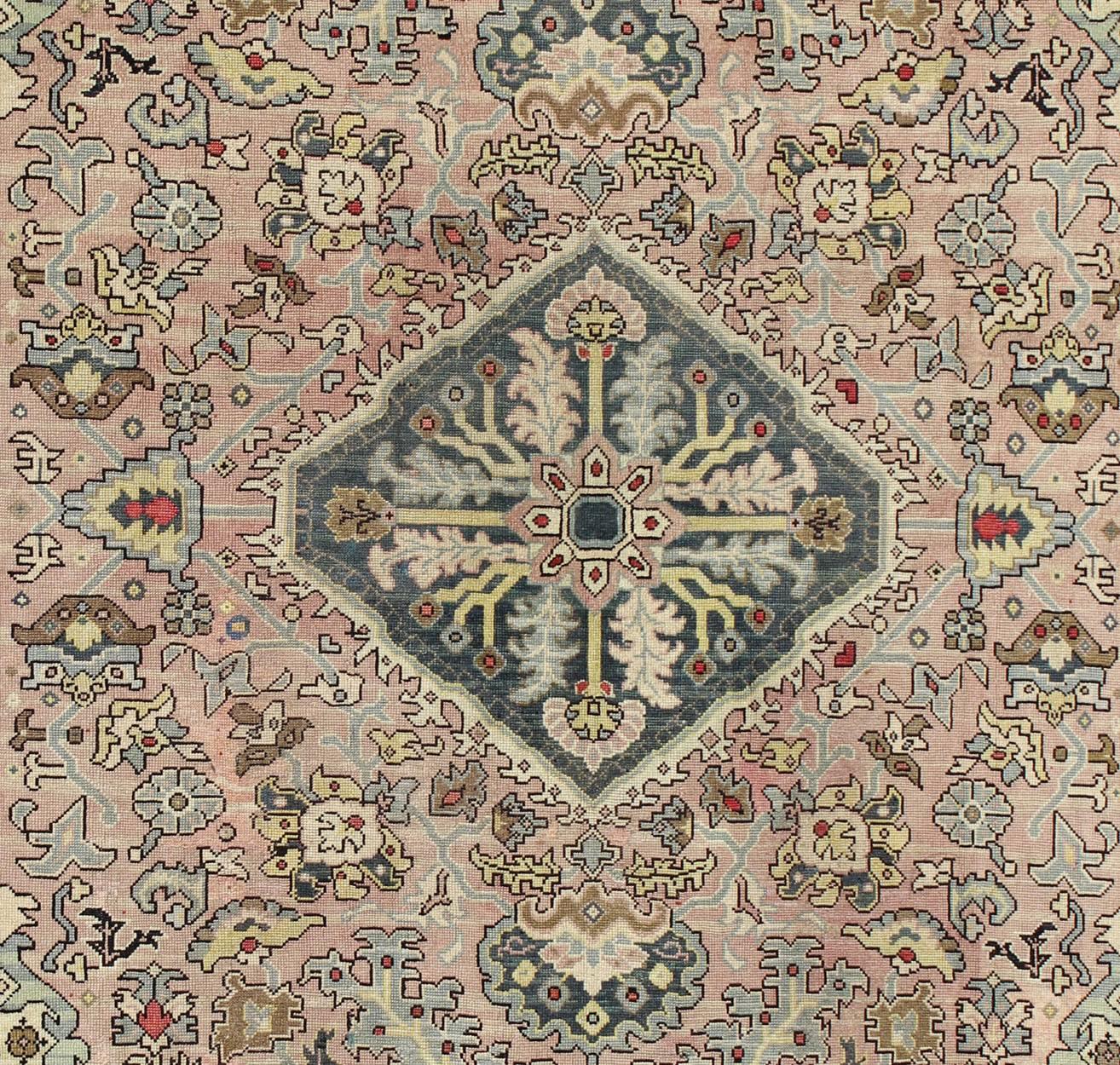 Hand Knotted Turkish Oushak Rug with Floral Design in Light Pink and Steel Blue  In Good Condition For Sale In Atlanta, GA
