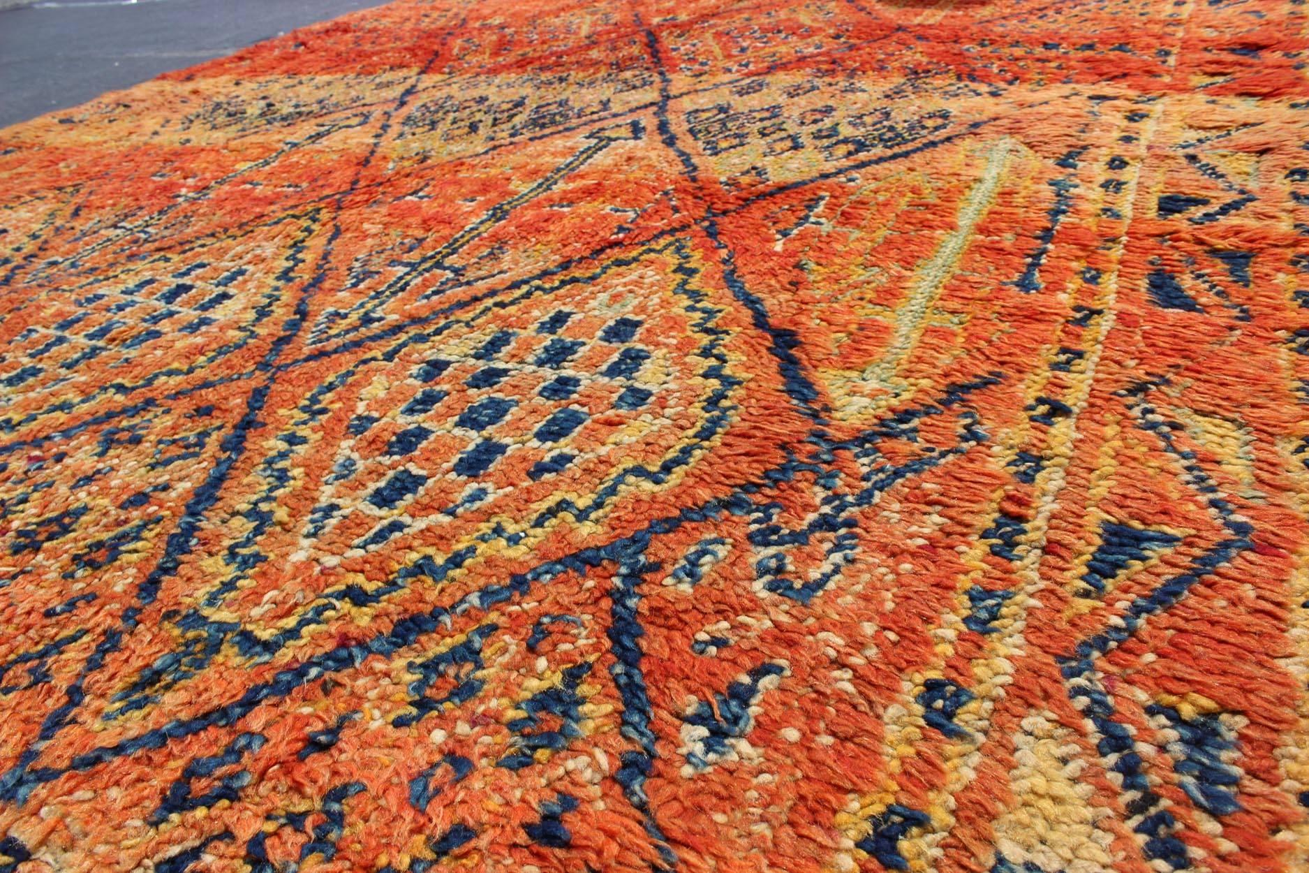 Hand-Knotted Vintage Moroccan Beni Mklid Rug in Oranges and Creams with Deep Navy Blue For Sale