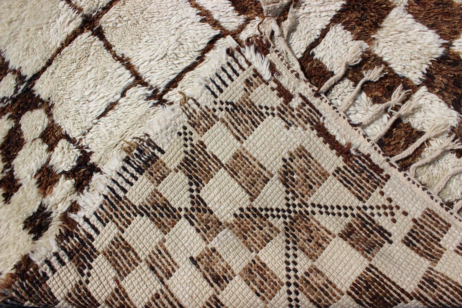 Hand-Knotted Large Vintage Moroccan Beni Ourain Rug in Browns, Mocha and Cream For Sale