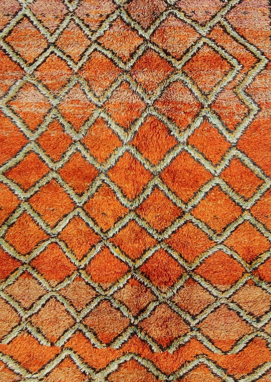 Hand-Knotted Wide Runner, Vintage Moroccan Gallery Rug with Diamond Design in Orange & Green For Sale