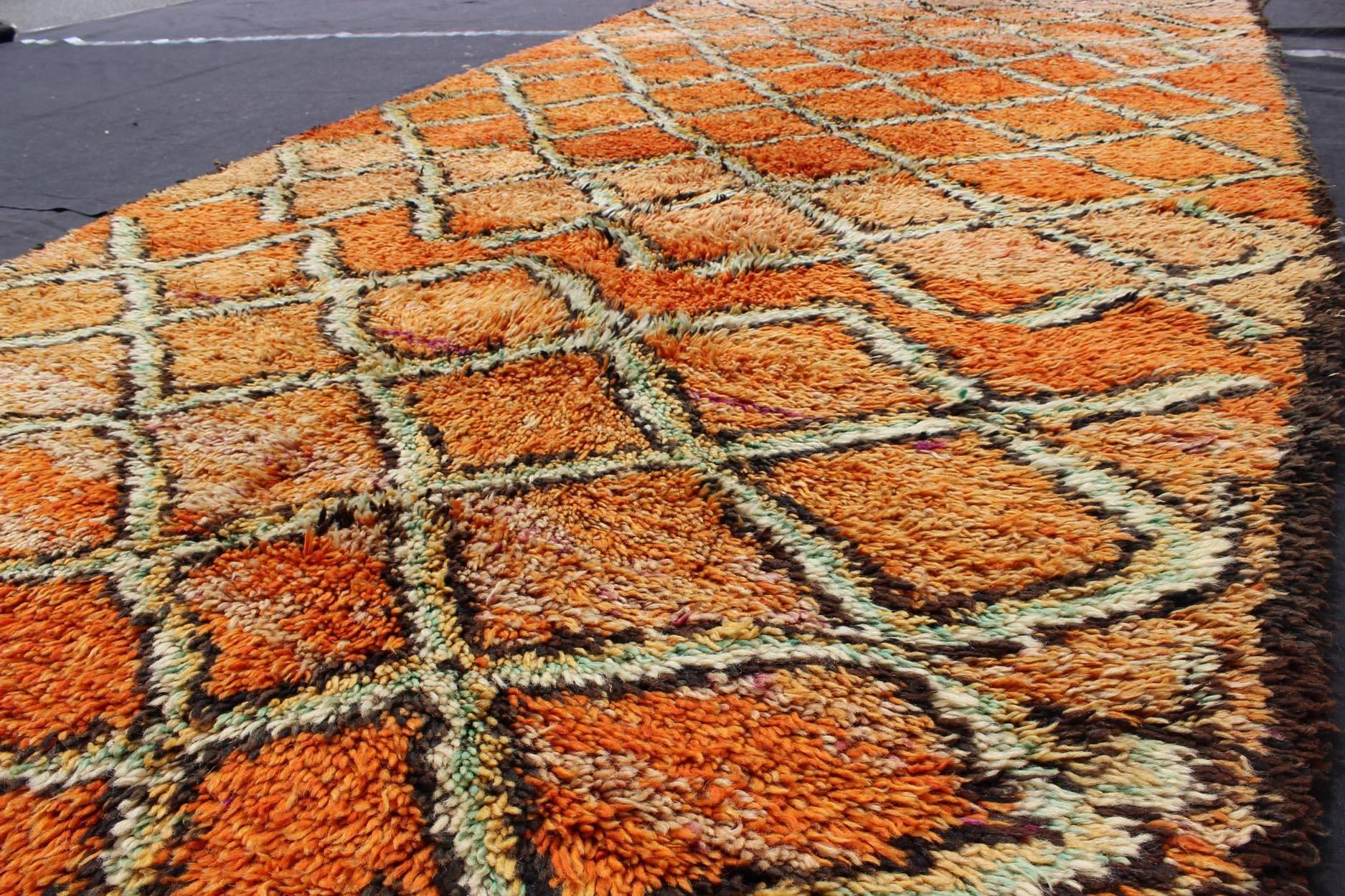 Wide Runner, Vintage Moroccan Gallery Rug with Diamond Design in Orange & Green In Excellent Condition For Sale In Atlanta, GA