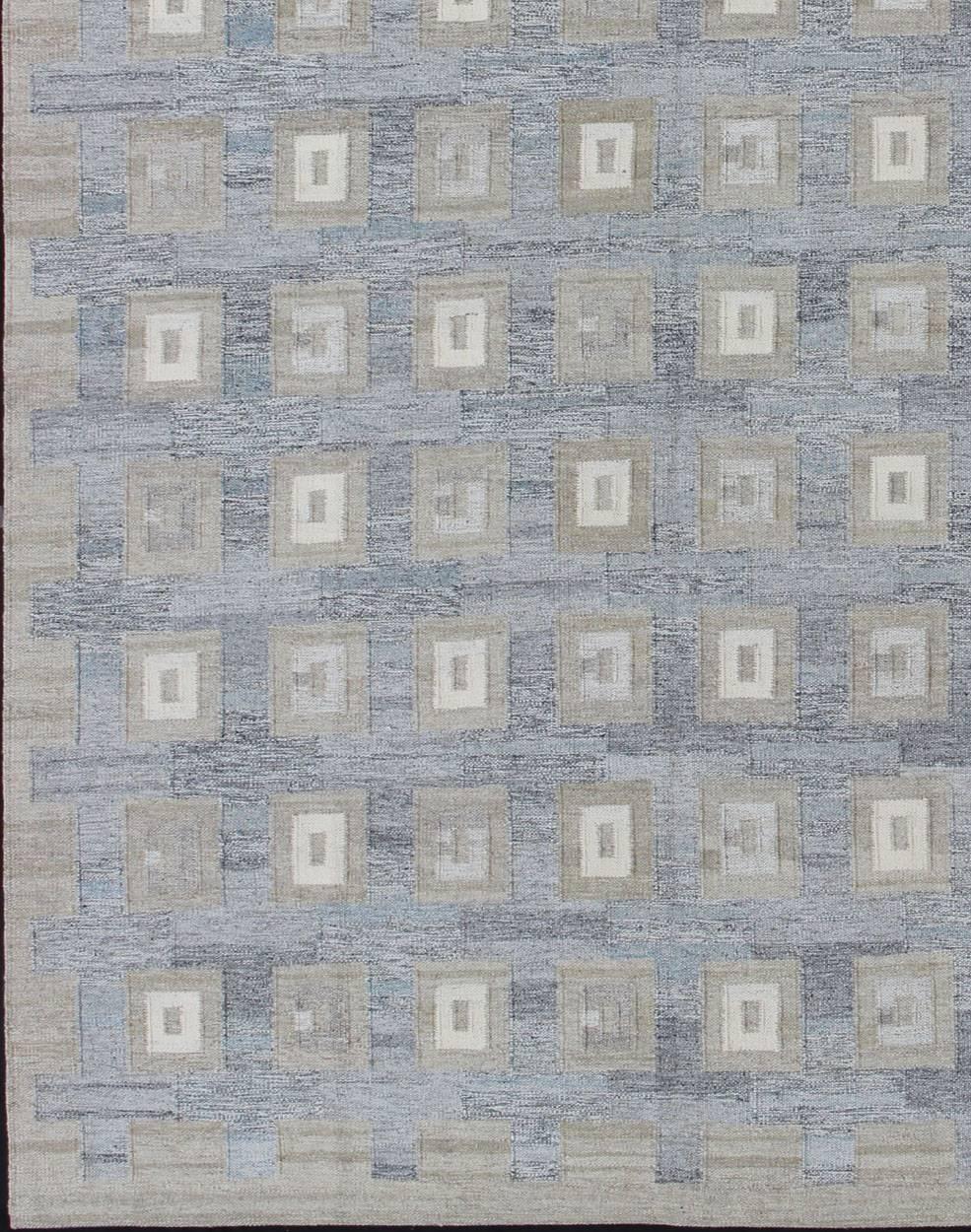 Large Modern Scandinavian/ Swedish Geometric Design Rug in Squares by Keivan Woven Arts.

Measures: 10'4 x 13'9.

Large Modern Scandinavian/ Swedish Geometric Design Rug in Squares.
This Scandinavian Flat-Weave patterned rug is inspired by the work