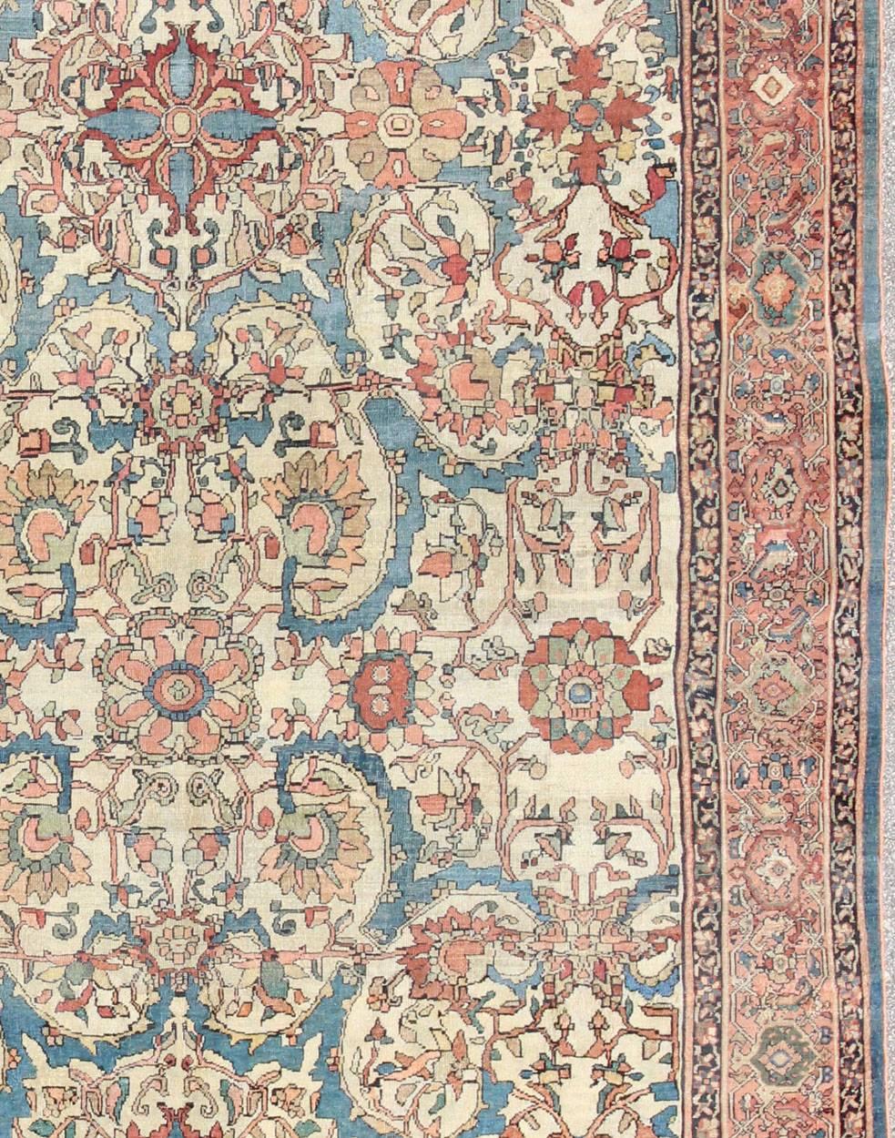 Hand-Knotted Antique Persian Sultanabad Rug in Ivory Background, Blue, Salmon & Multi Colors  For Sale