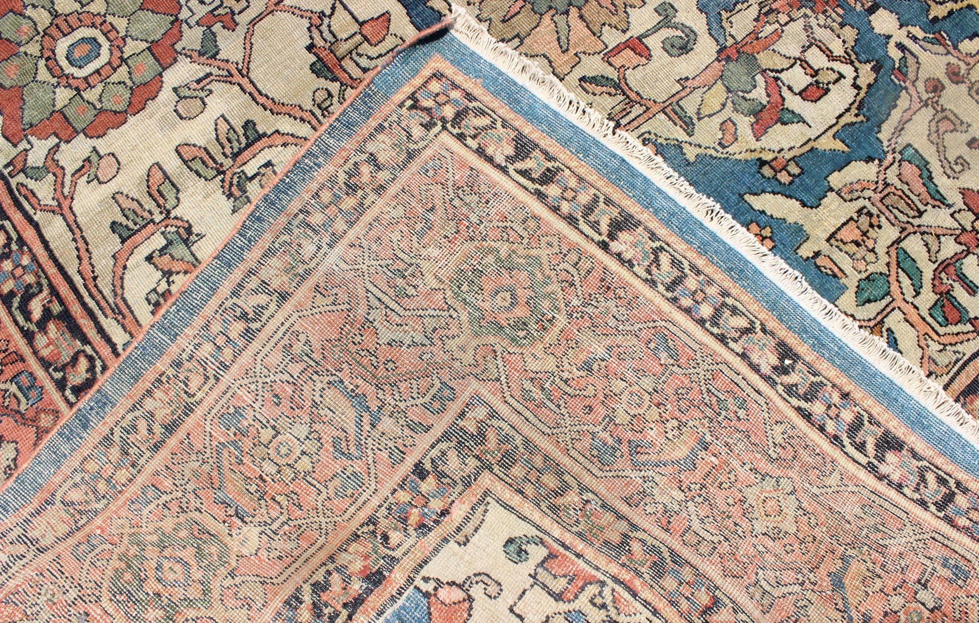 Wool Antique Persian Sultanabad Rug in Ivory Background, Blue, Salmon & Multi Colors  For Sale