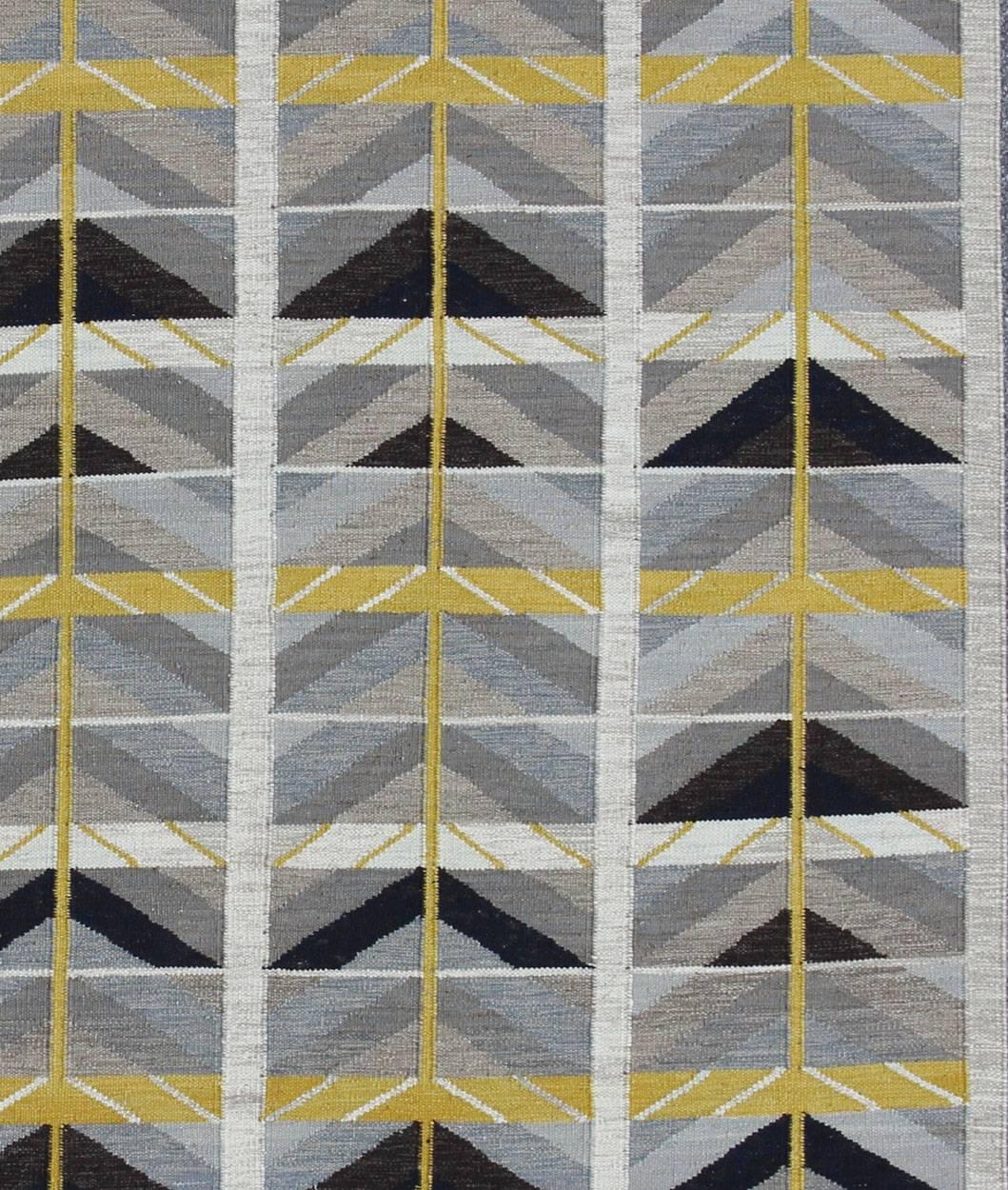  Modern Swedish Rug in Gold, Gray and Black by Keivan Woven Arts. Modern Scandinavian/Swedish.

Measures: 9'4 x 11'5.

This Scandinavian Flat-Weave patterned rug is inspired by the work of Swedish textile designers of the early to mid-20th Century.