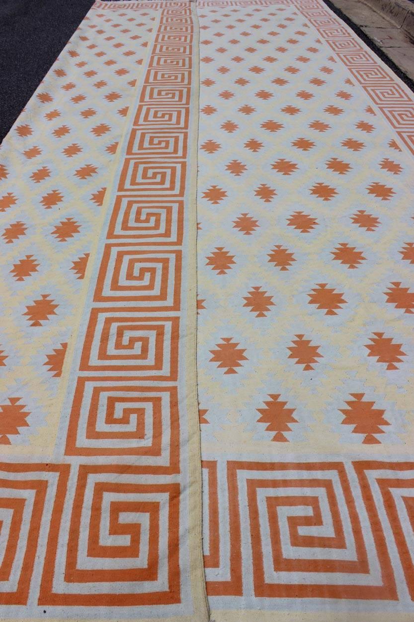 Vintage Indian Cotton Dhurrie Large Designer Rug  12'11 x 121'3 In Good Condition For Sale In Atlanta, GA