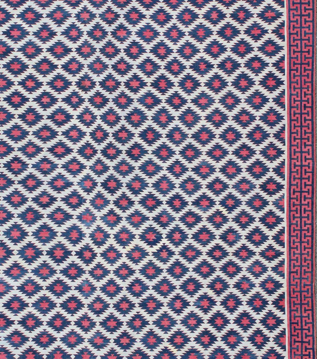 Indian Very Large Vintage Cotton Dhurrie with Geometric Diamonds in Blue, Red & Cream For Sale
