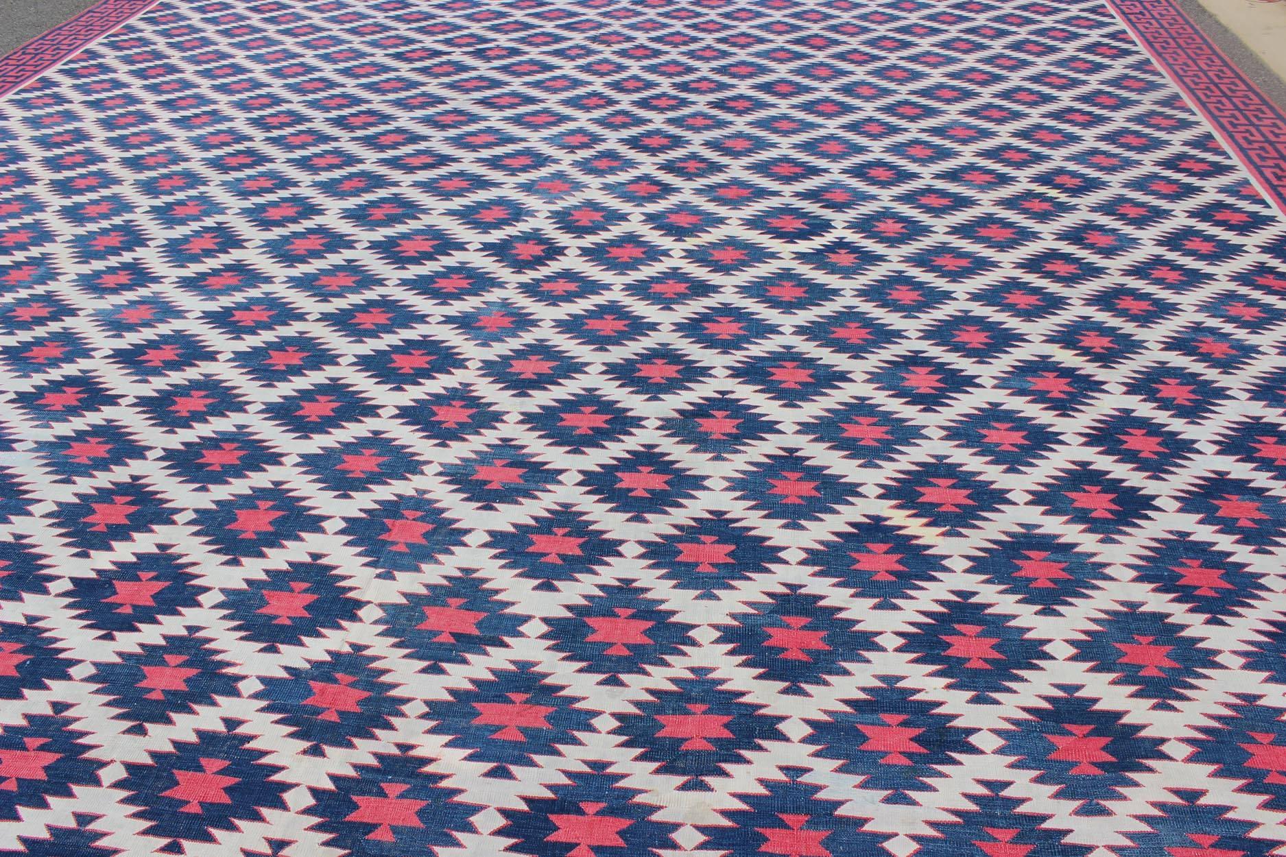 Hand-Woven Very Large Vintage Cotton Dhurrie with Geometric Diamonds in Blue, Red & Cream For Sale