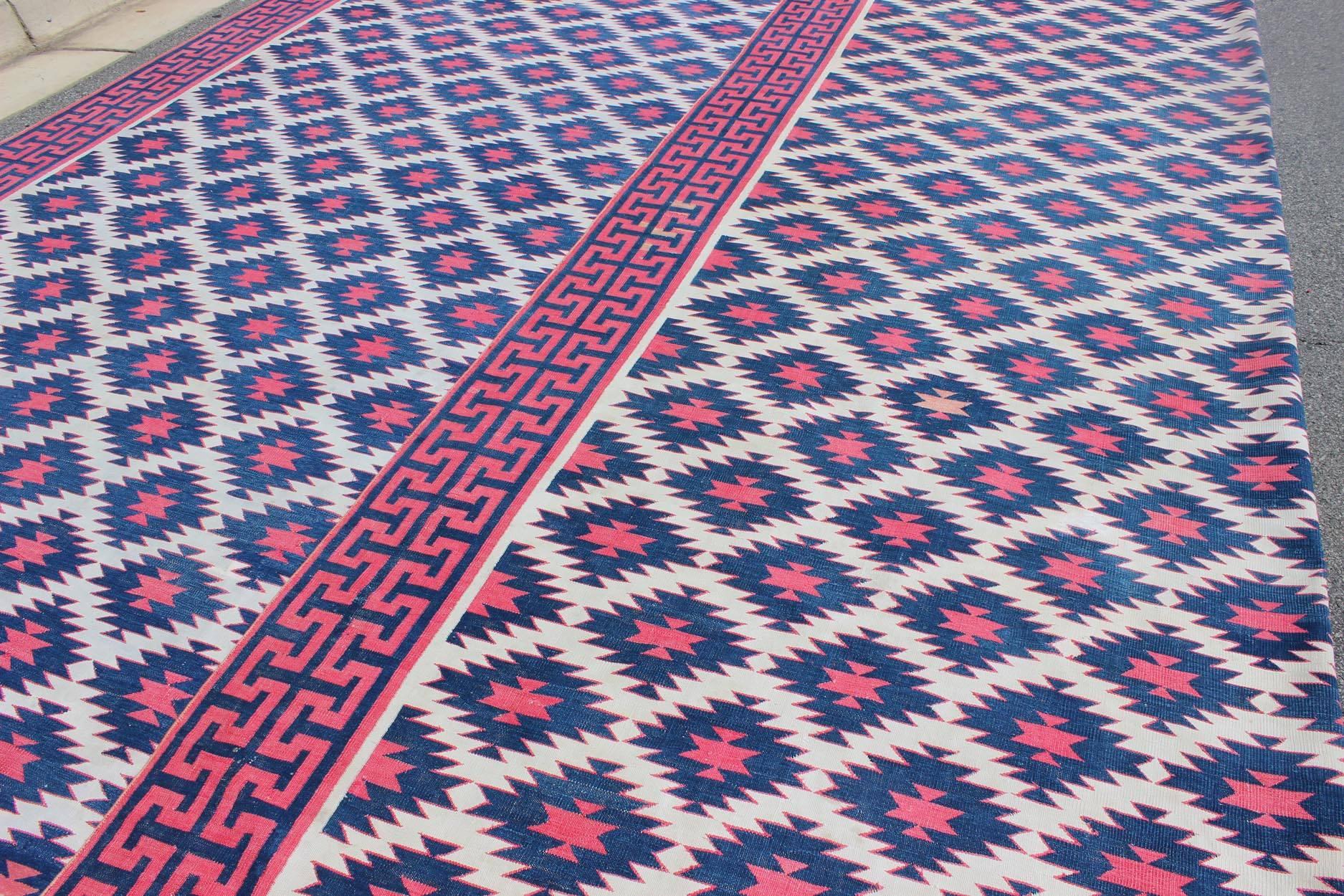 20th Century Very Large Vintage Cotton Dhurrie with Geometric Diamonds in Blue, Red & Cream For Sale