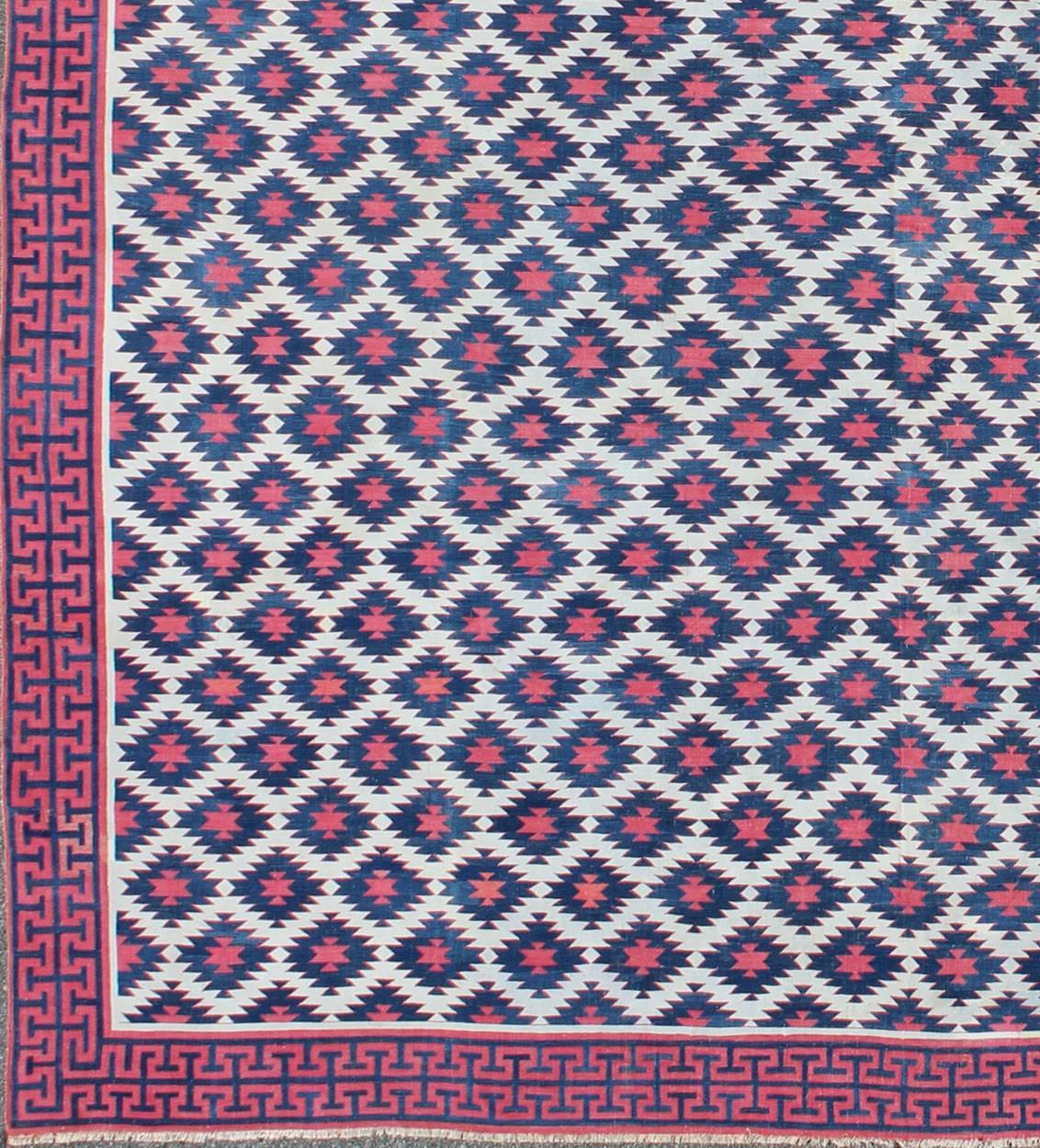Kilim Very Large Vintage Cotton Dhurrie with Geometric Diamonds in Blue, Red & Cream For Sale