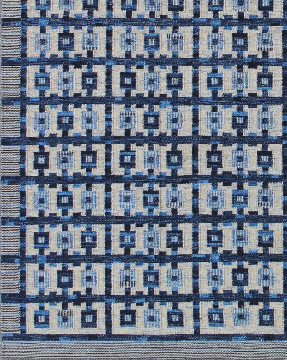 This Scandinavian Flat-Weave, patterned rug is inspired by the work of Swedish textile designers of the early to mid-20th Century. With a unique blend of historical and modern design, this dynamic and exciting composition is beautifully suited for