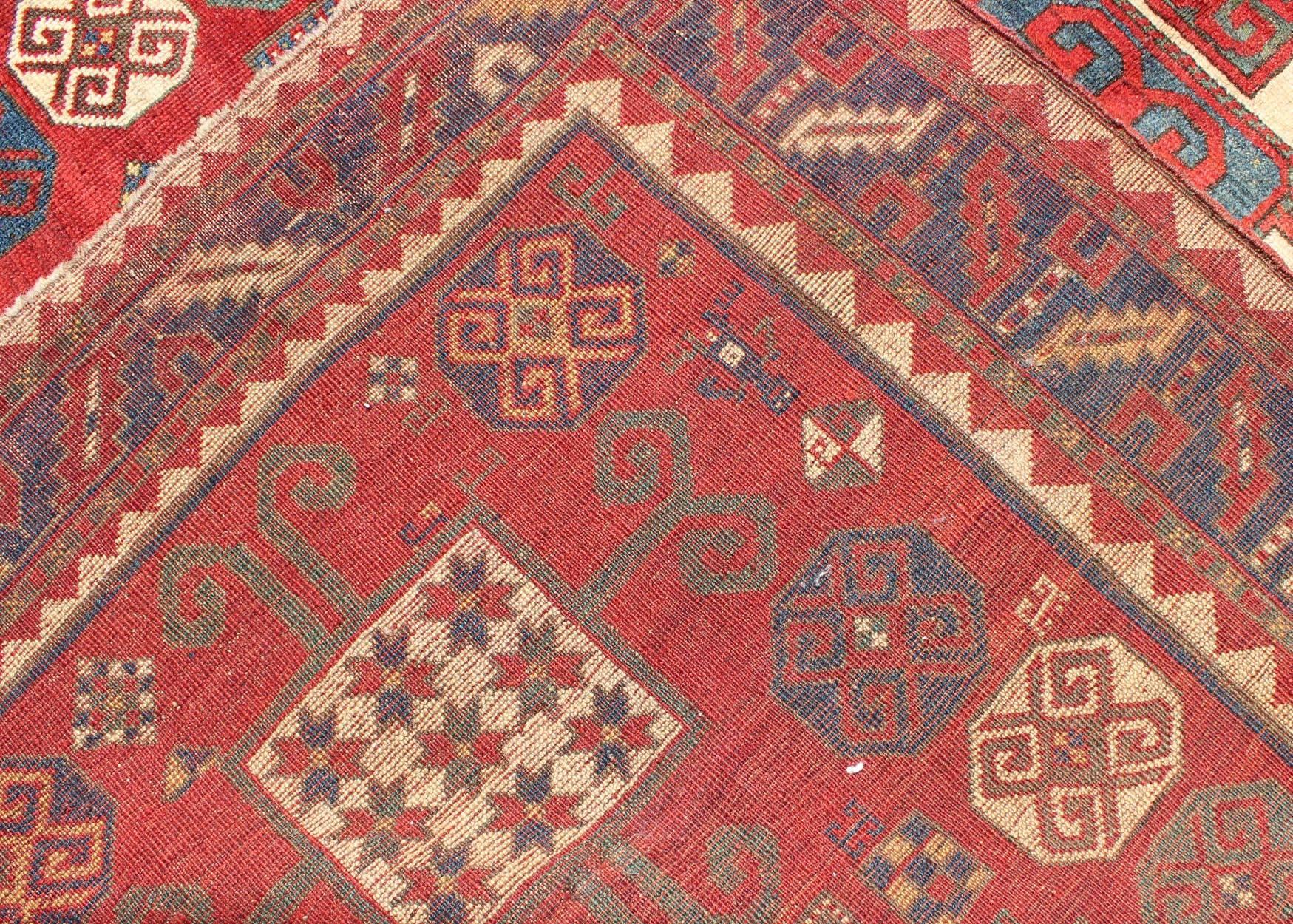Antique Kazak Karachopf Rug with Octagon Medallion in Red, Blue and Green Tones In Excellent Condition For Sale In Atlanta, GA