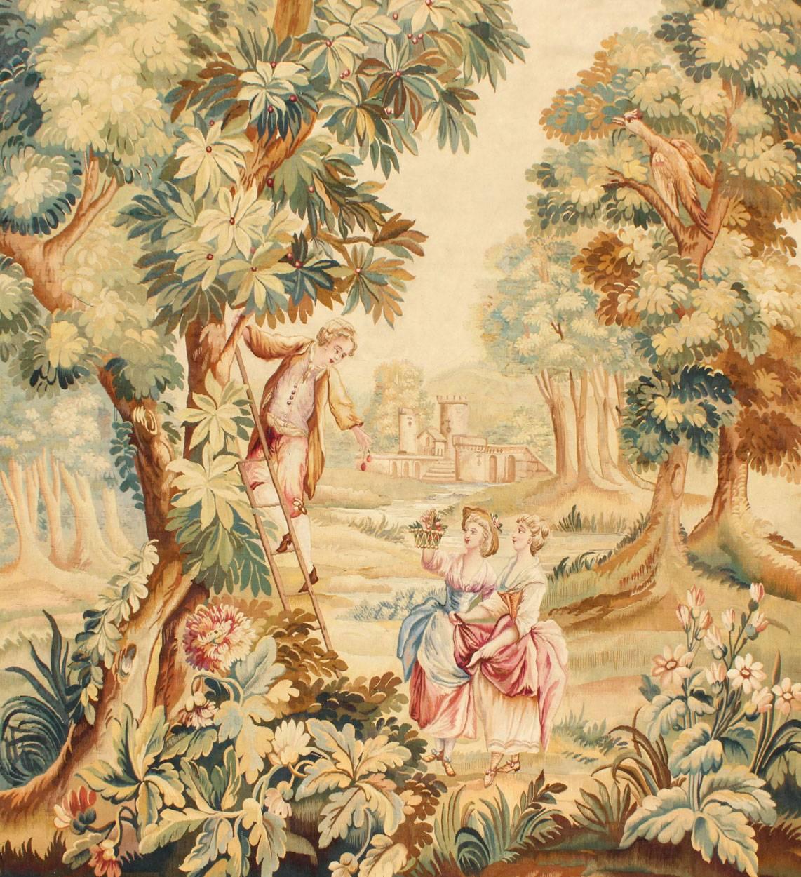 His enchanting antique tapestry beautifully illustrates the remarkable sense of depth and richness that was perfected by French artisans of the 19th century. A remarkable display of abundant vegetation and a multiplicity of flora, in a wide variety